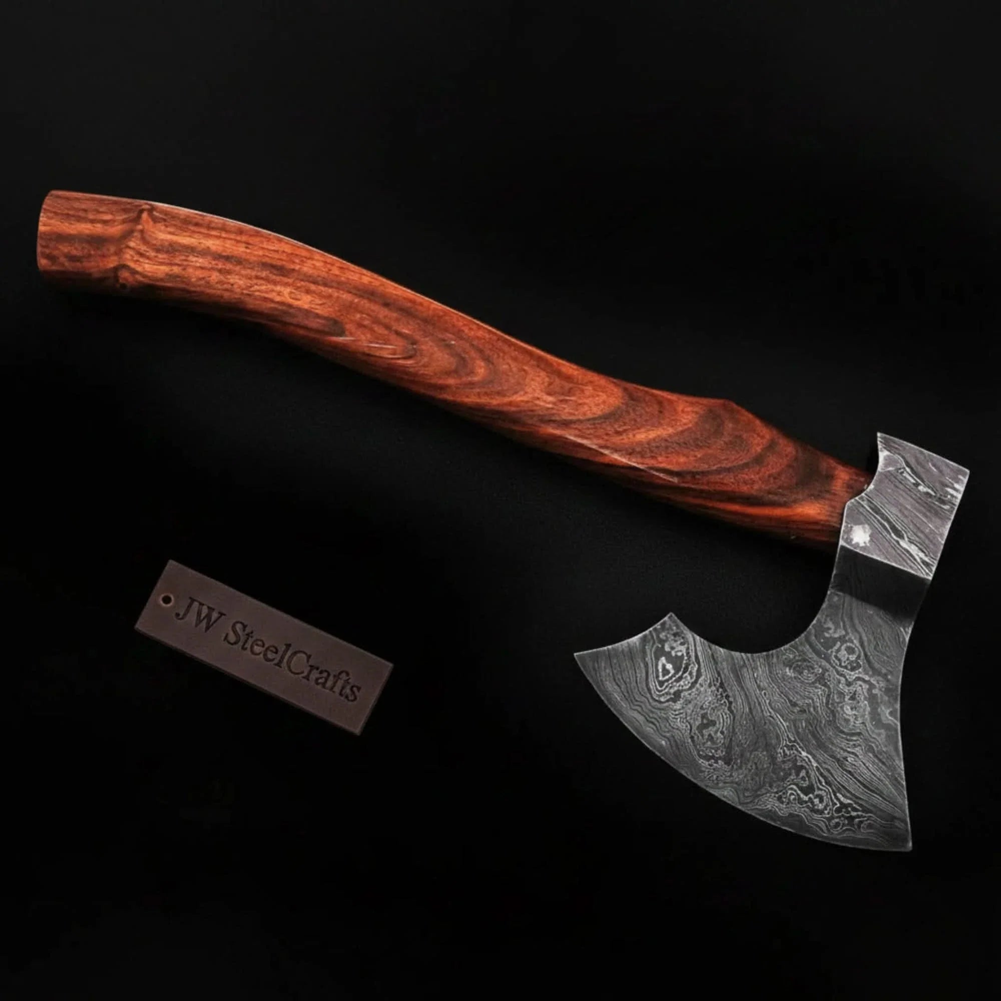 Traditional Norse Bearded War Axe (Skeggøx) featuring Damascus Steel Head, Solid Wood Handle, Sheath Included by JW SteelCrafts, leather knife sheath detail photo 2