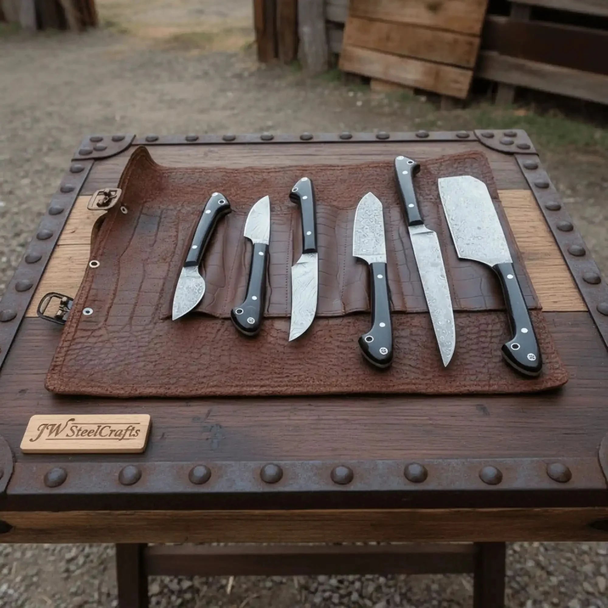 6-Piece Damascus Kitchen Knife Set with Leather Roll — Black Resin Handles, Steel Bolsters, 7 to 10 Inch Blades | JW Steel Crafts by JW SteelCrafts, Damascus knife detail photo 2