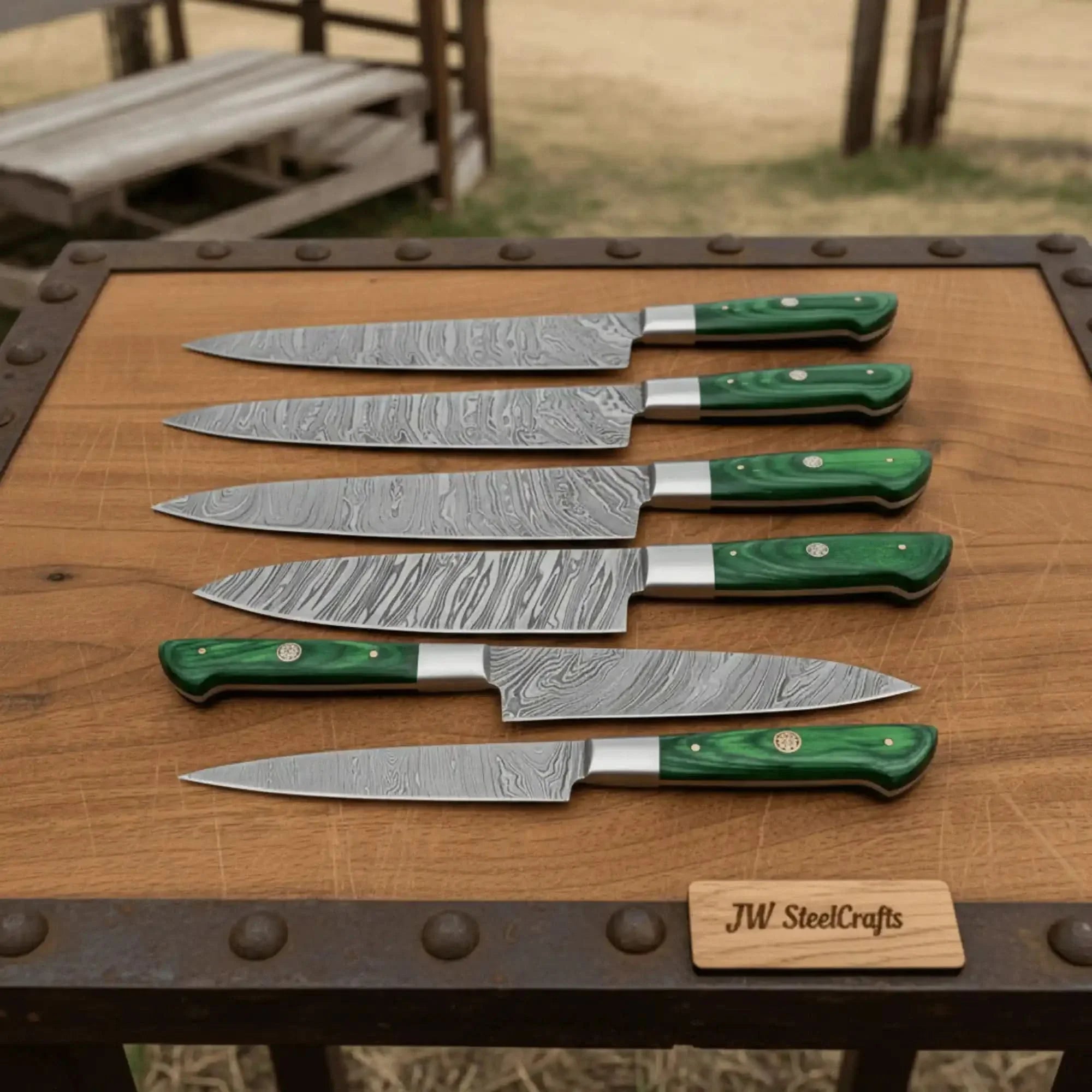 6-Piece Damascus Kitchen Knife Set with Green Wood Handle - Professional Cooking Collection by JW SteelCrafts, Damascus knife main product photo