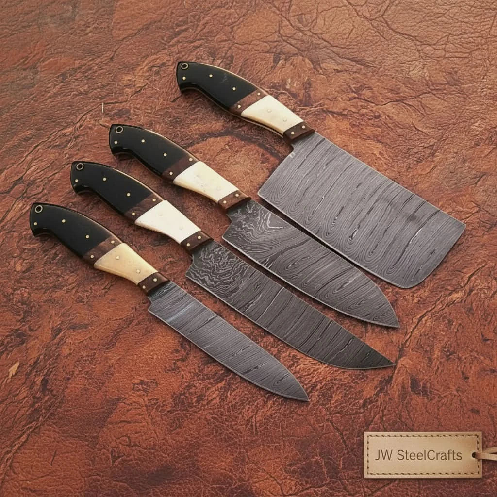4-piece high-carbon Damascus butcher knife set – bone and horn handle with brass pins by JW SteelCrafts, Damascus knife detail photo 2
