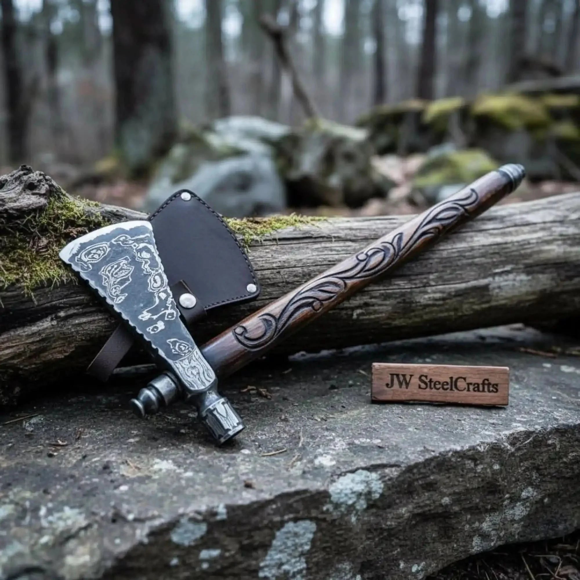 Custom Hand Forged Damascus Steel Smoking Axe – Functional Pipe Axe with Carved Hardwood Shaft by JW SteelCrafts, Southern lifestyle apparel main product photo