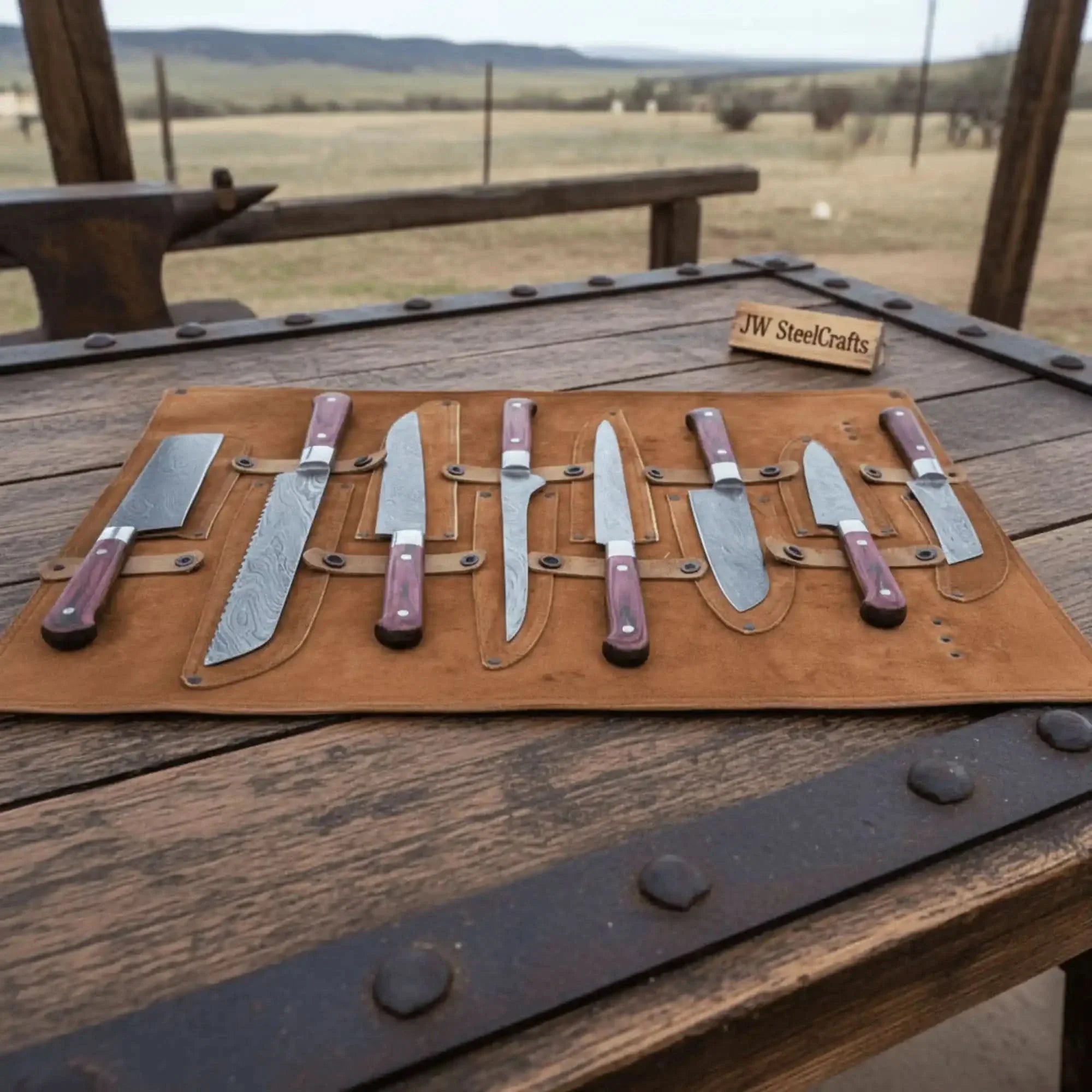 8-Piece Damascus Kitchen Knife Set — Red Pakka Wood Handles by JW SteelCrafts, Damascus knife detail photo 2