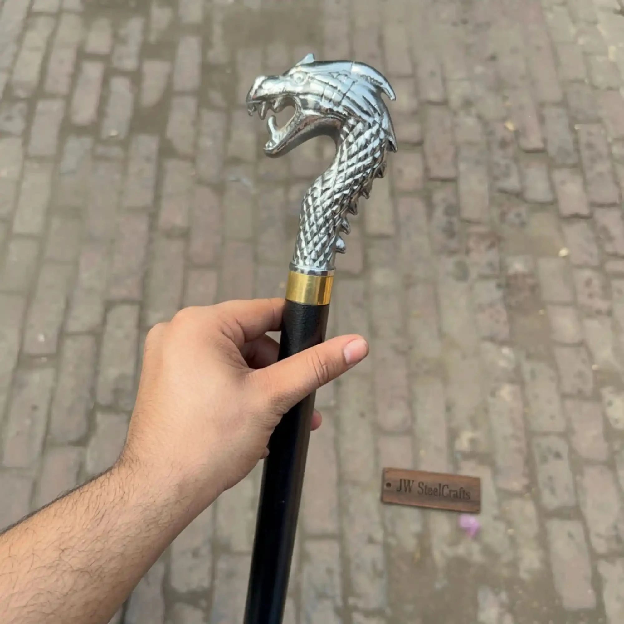 Handmade Cobra Head Sword Cane with Polished Steel Blade and Black Walking Shaft for Collection and Display by JW SteelCrafts, Southern lifestyle apparel detail photo 2