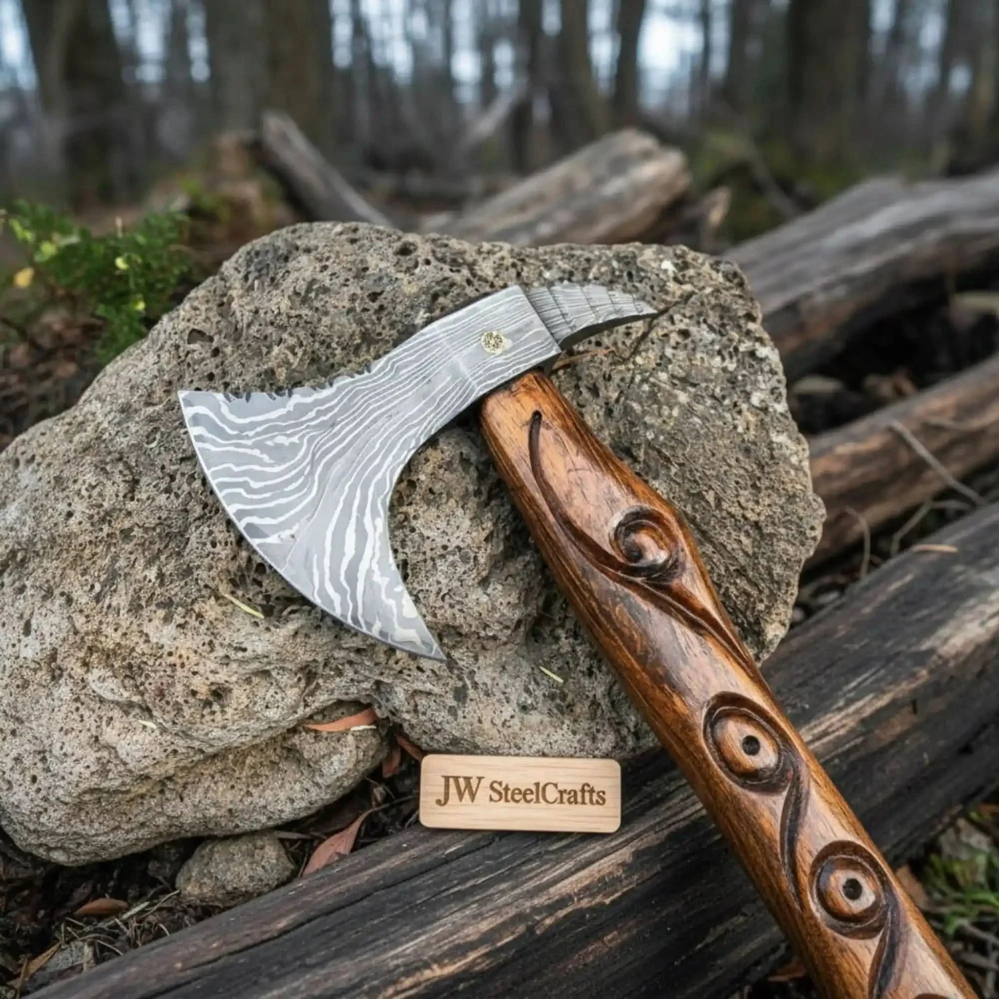Handmade Damascus Steel Viking Bearded Axe – Pattern Welded Blade with Carved Hardwood Handle | JW SteelCrafts by JW SteelCrafts, Southern lifestyle apparel main product photo