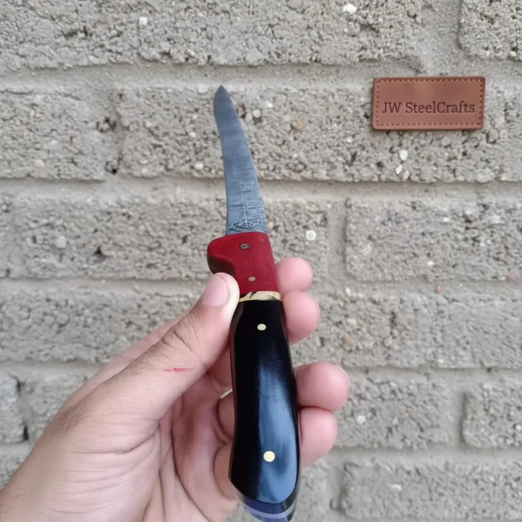 13-Inch Forged Damascus Boning & Fillet Knife — Blue and Red Two-Tone Resin Handle, Steel Bolster & Silver Pins by JW SteelCrafts, Damascus knife detail photo 2