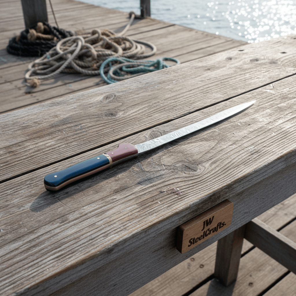 13-Inch Forged Damascus Boning & Fillet Knife — Blue and Red Two-Tone Resin Handle, Steel Bolster & Silver Pins by JW SteelCrafts, Damascus knife main product photo