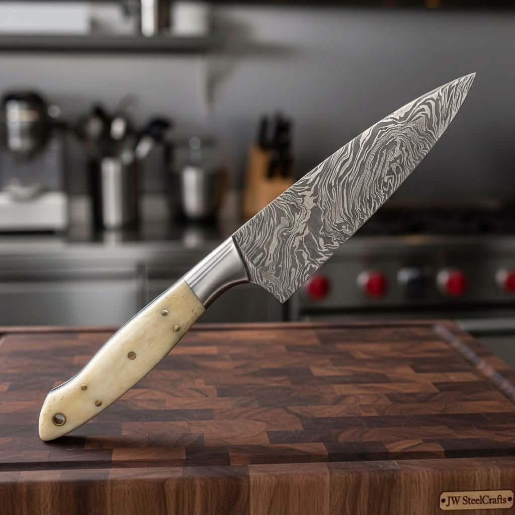 Custom Handmade Damascus Bunka Knife with Bone Handle and Steel Bolster, Hand Forged Japanese knives by JW SteelCrafts, Damascus knife detail photo 2