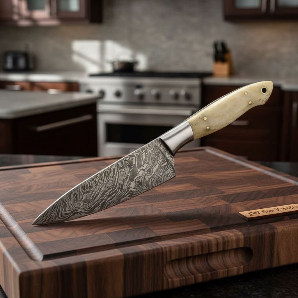 Custom Handmade Damascus Bunka Knife with Bone Handle and Steel Bolster, Hand Forged Japanese knives by JW SteelCrafts, Damascus knife main product photo