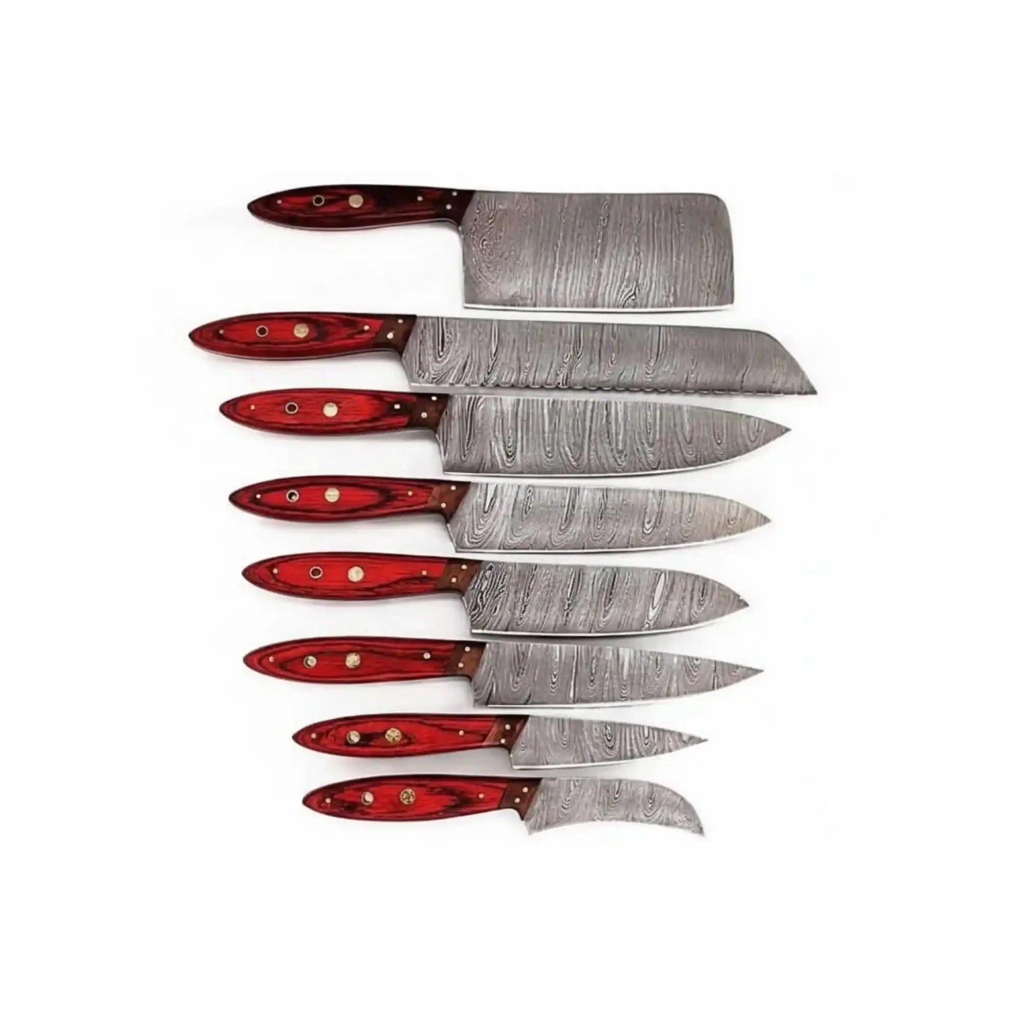 JW SteelCrafts Handmade Damascus Kitchen Knife Set of 8, Cleaver, Santoku, Gyuto Chef, Utility, Boning and Skinning Knives, Red Pakka Wood Handle, Ful by JW SteelCrafts, Damascus
