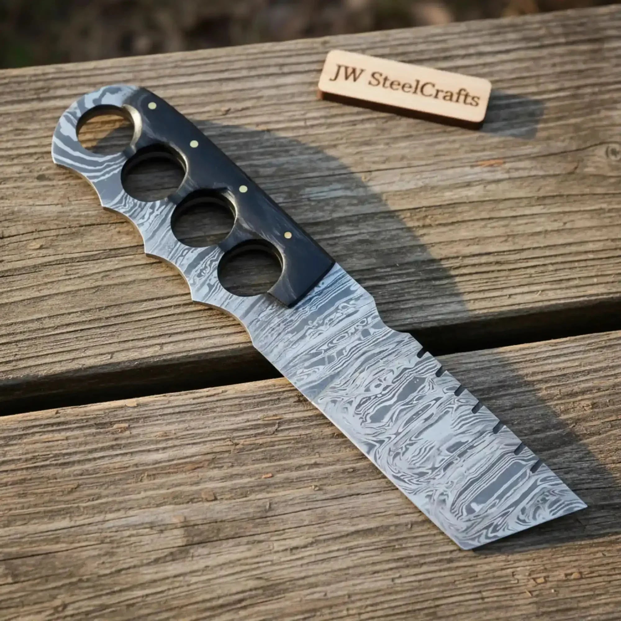 Handcrafted Damascus Utility Push Knife with Black Resin Handle by JW SteelCrafts, Damascus knife main product photo
