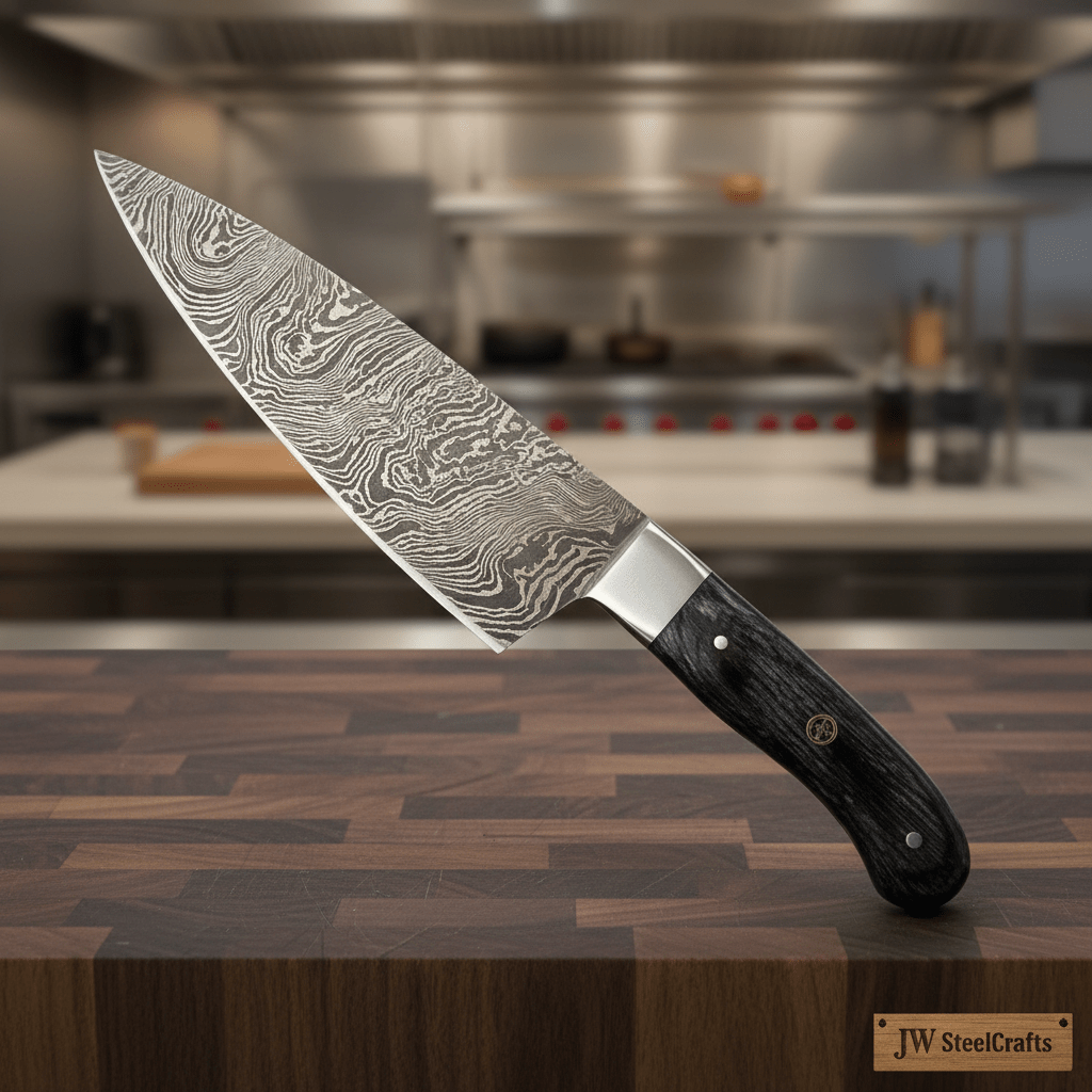 Custom Damascus Gyuto Chef Knife, Handmade Professional Cooking Knife with Steel Bolster by JW Steel by JW SteelCrafts, Damascus knife detail photo 2