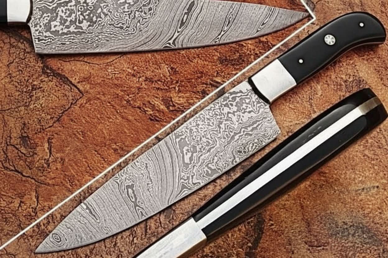 Handcrafted Damascus Steel Chef Knife, Black Resin Handle, Japanese Kitchen Blade by JW SteelCrafts by JW SteelCrafts, Damascus knife detail photo 2