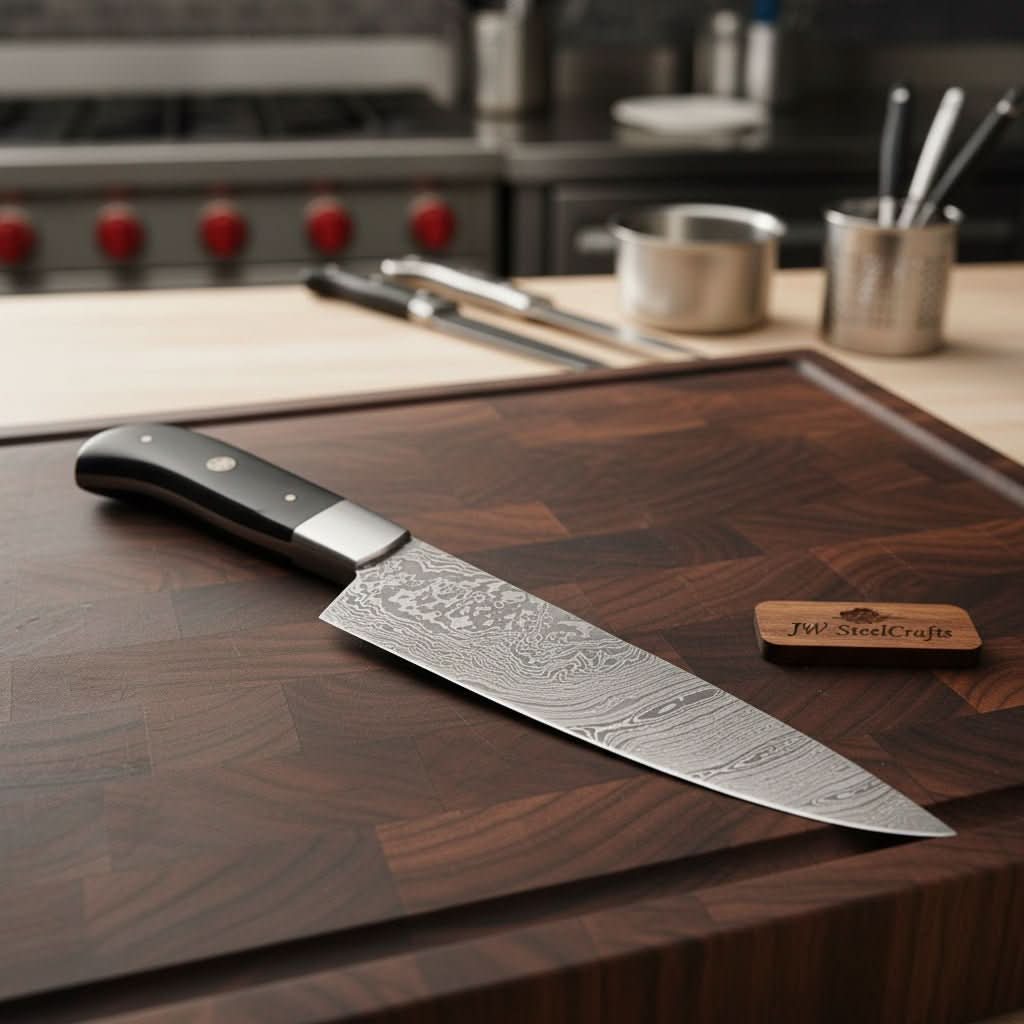Handcrafted Damascus Steel Chef Knife, Black Resin Handle, Japanese Kitchen Blade by JW SteelCrafts by JW SteelCrafts, Damascus knife main product photo