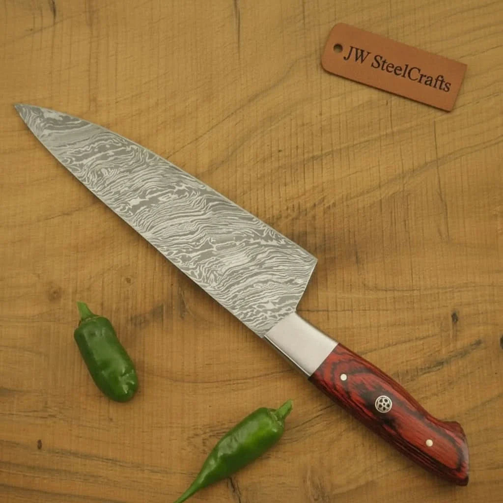 12 Inch Handmade Damascus Gyuto Chef Knife – Japanese Style Blade with Red Pakka Wood Handle by JW SteelCrafts, Damascus knife detail photo 2