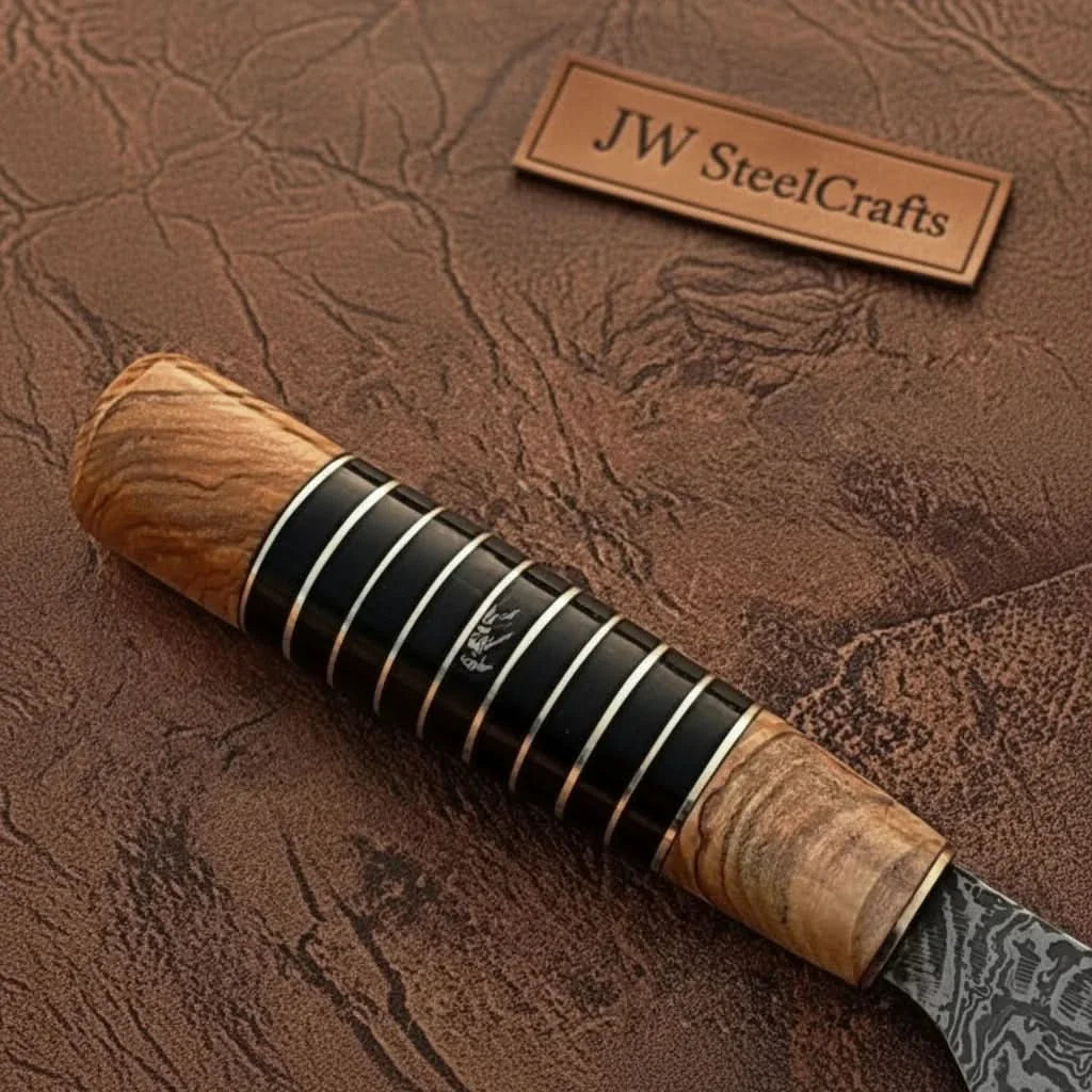 Damascus Kiritsuke Gyuto Chef Knife 12” – Olive Wood & Black Resin Handle with Brass Spacers | Full Tang Japanese Hybrid Knife by JW SteelCrafts, Damascus knife detail photo 2
