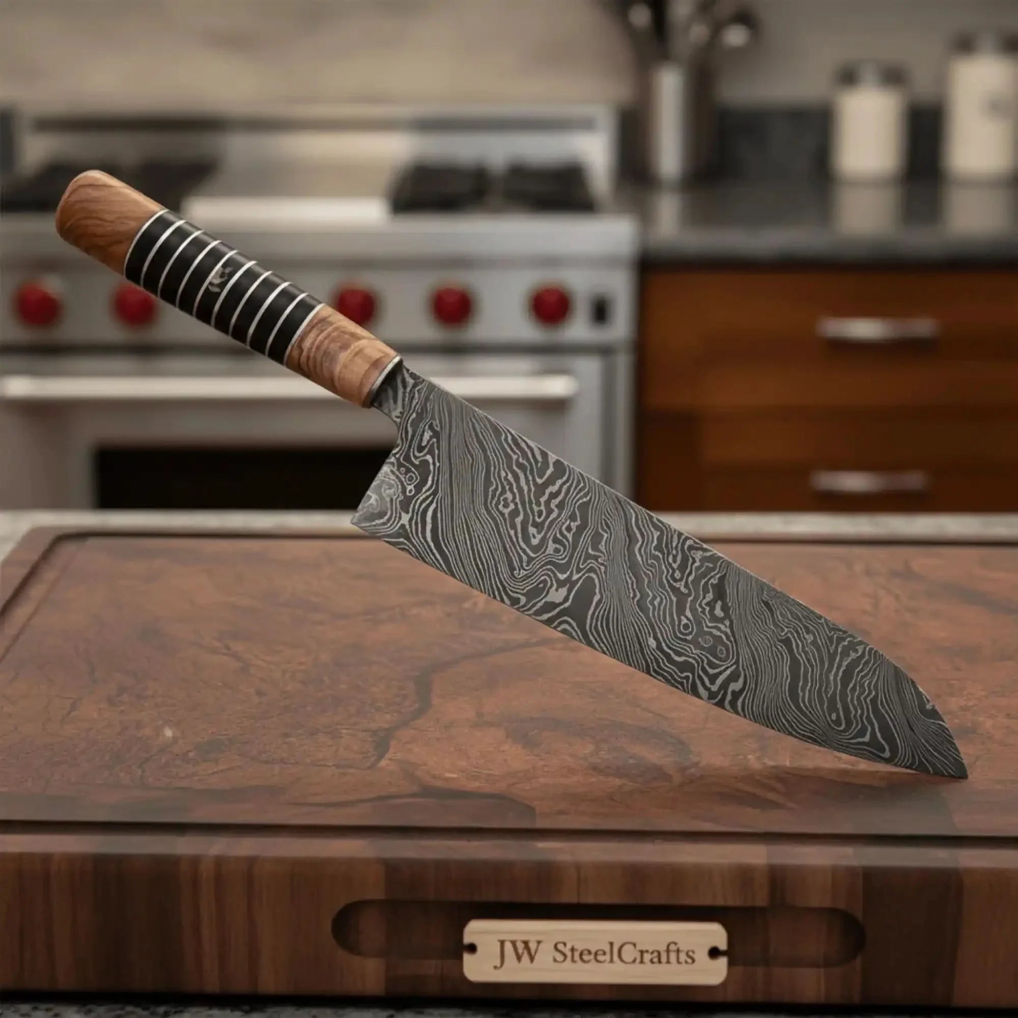Damascus Kiritsuke Gyuto Chef Knife 12” – Olive Wood & Black Resin Handle with Brass Spacers | Full Tang Japanese Hybrid Knife by JW SteelCrafts, Damascus knife main product photo