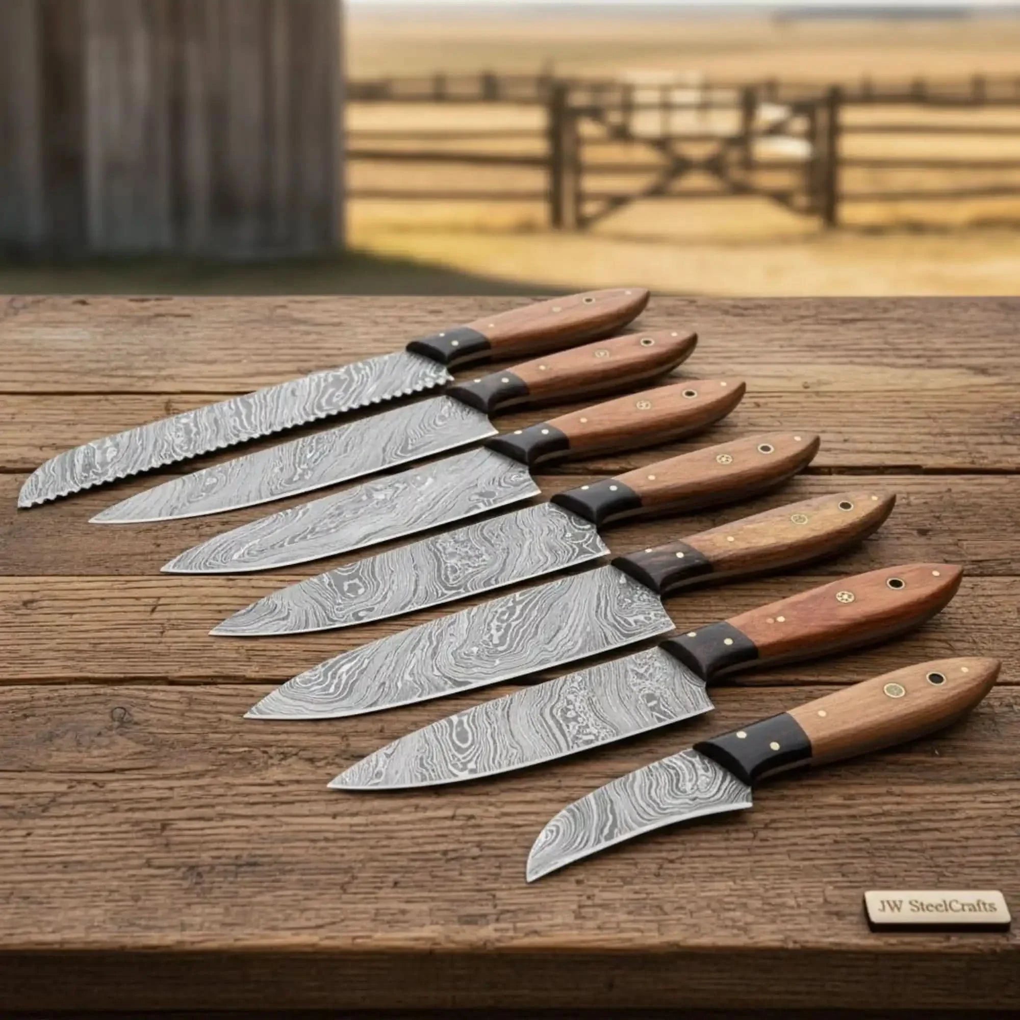 7-Piece Damascus Kitchen Knife Set with Pakka Wood Handles by JW SteelCrafts by JW SteelCrafts, Damascus knife detail photo 2