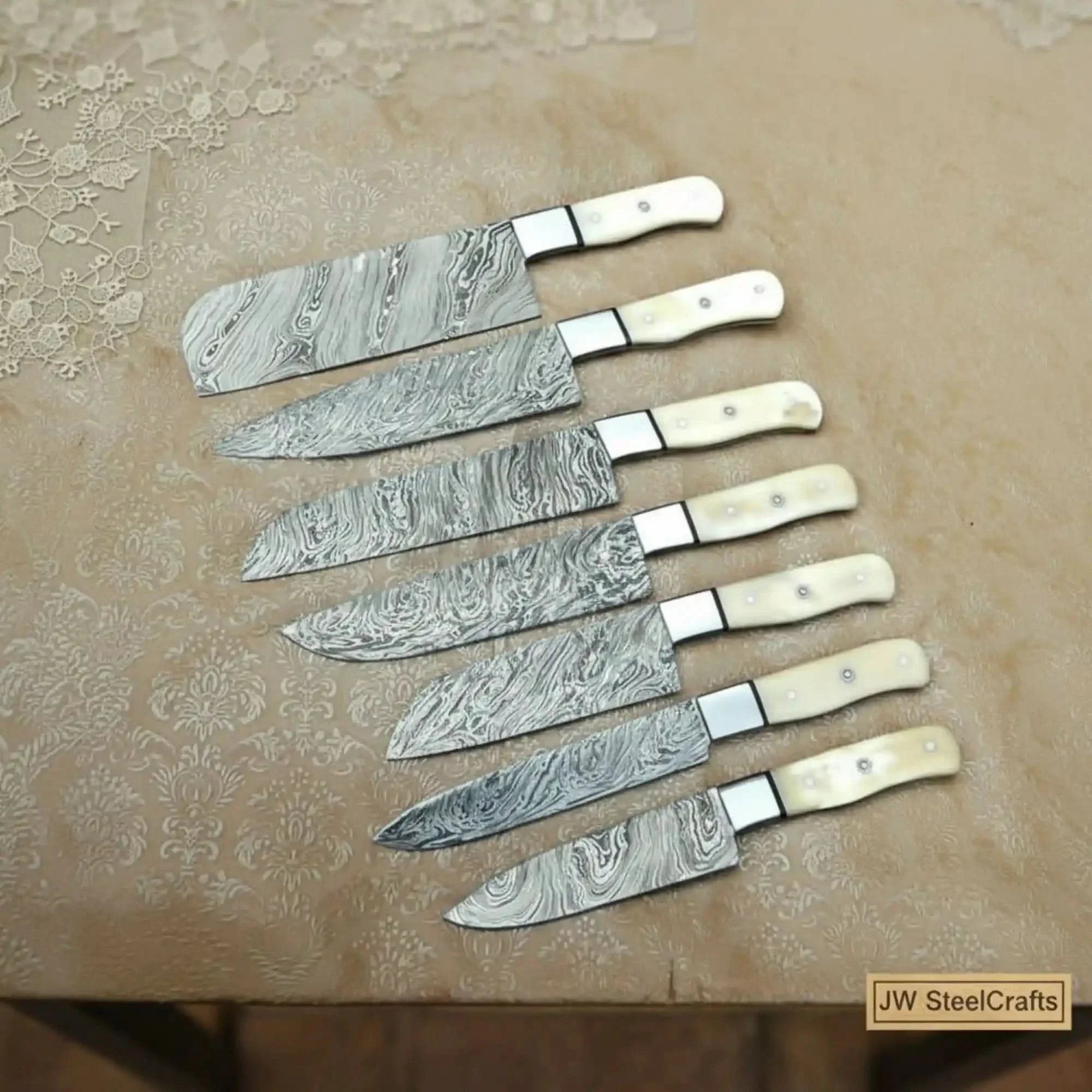 7-Piece Damascus Cleaver and Prep Knife Set with White Bone Handles — 8 to 10-Inch Blades by JW SteelCrafts, Damascus knife main product photo