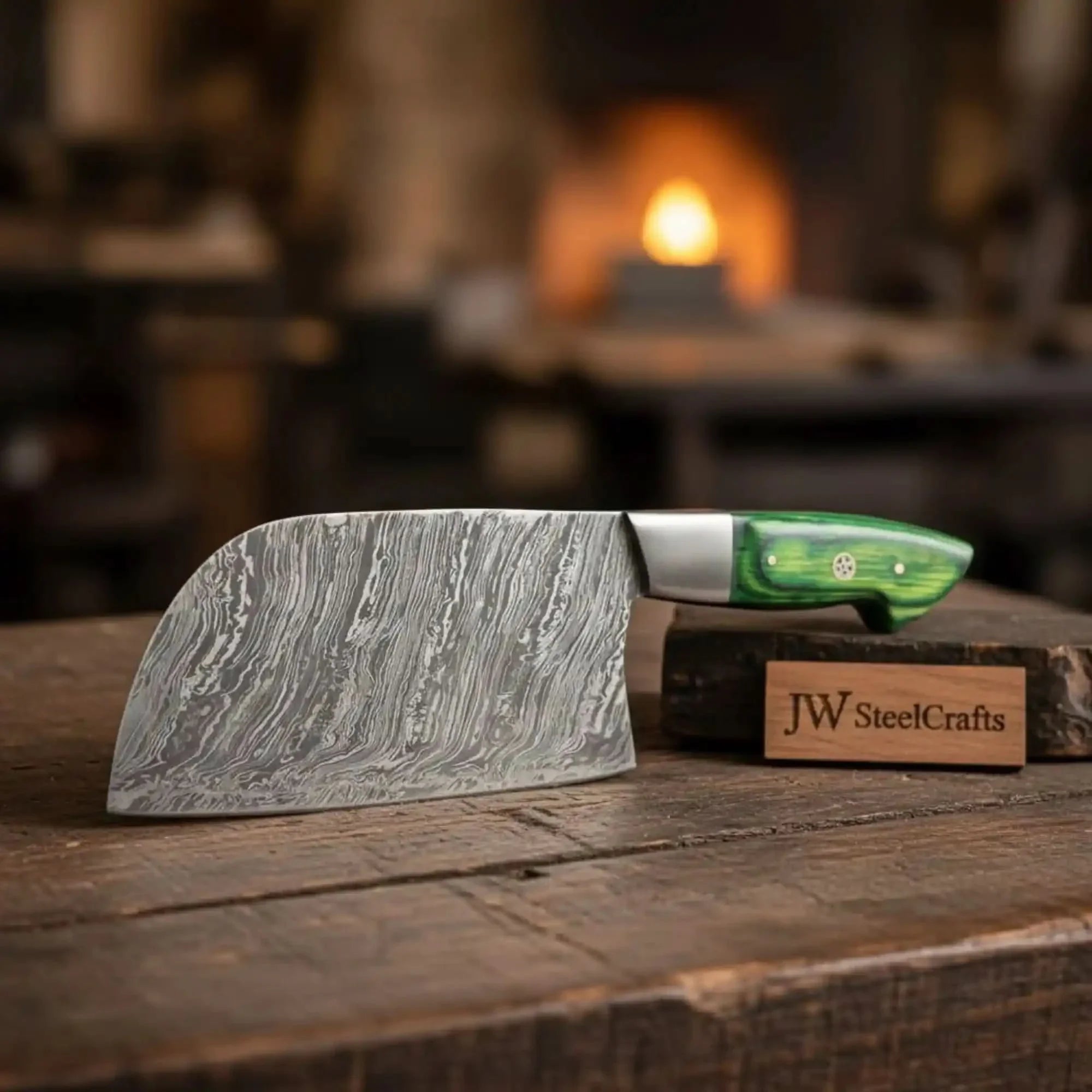 Handmade Damascus Nakiri Chef Knife with Wide Vegetable Blade, Green Pakka Wood Handle, Full Tang Kitchen Knife, JW SteelCrafts by JW SteelCrafts, Damascus knife detail photo 2