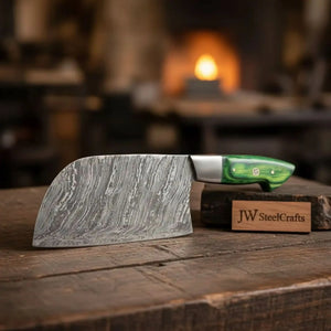 Handmade Damascus Nakiri Chef Knife with Wide Vegetable Blade, Green Pakka Wood Handle, Full Tang Kitchen Knife, JW SteelCrafts
