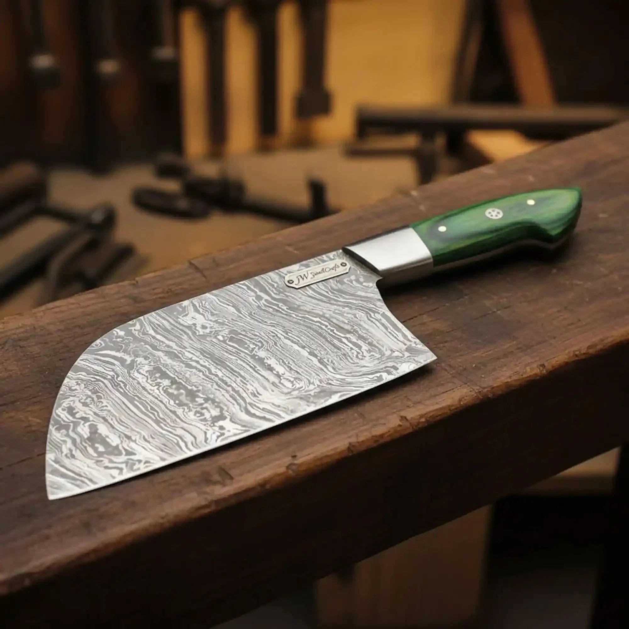 Handmade Damascus Nakiri Chef Knife with Wide Vegetable Blade, Green Pakka Wood Handle, Full Tang Kitchen Knife, JW SteelCrafts by JW SteelCrafts, Damascus knife main product photo