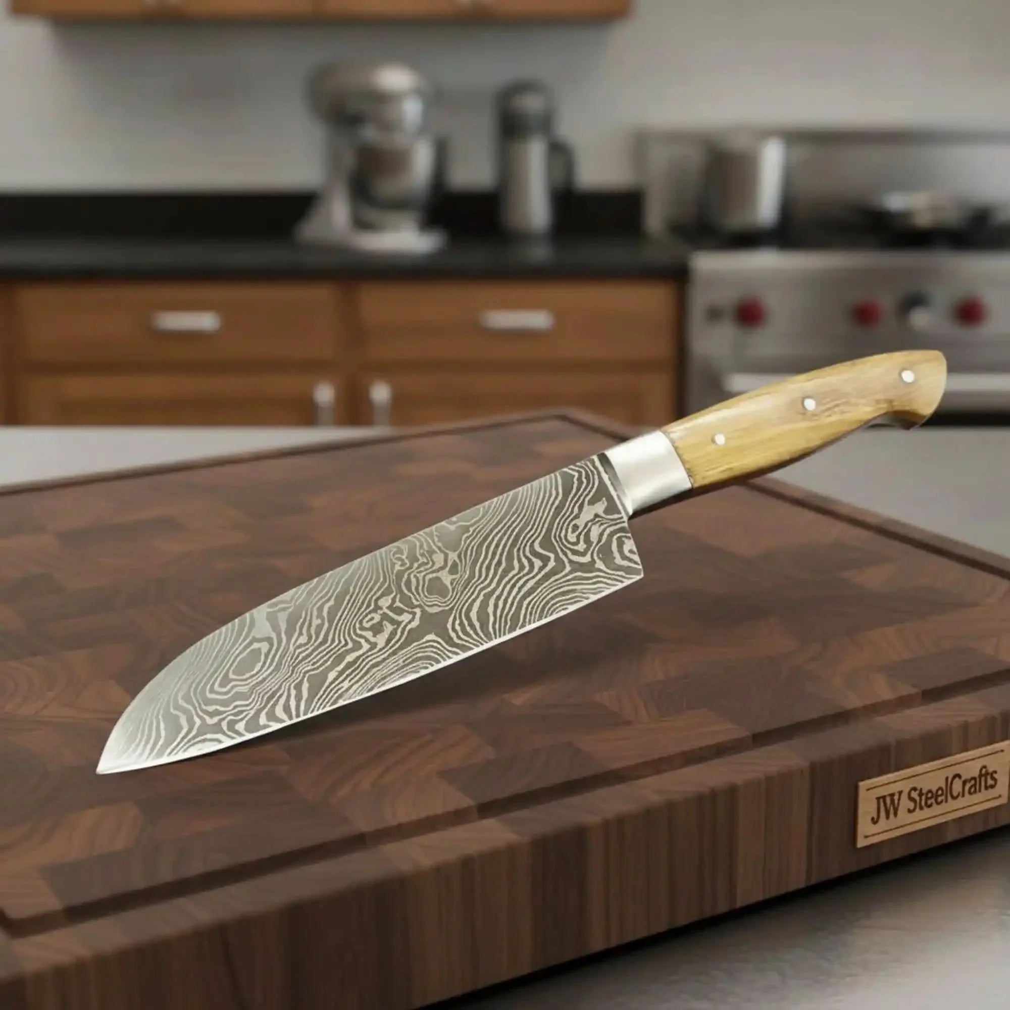 Custom Handmade Damascus Santoku Knife, Olive Wood Handle Japanese Chef Knife by JW SteelCrafts, Damascus knife main product photo