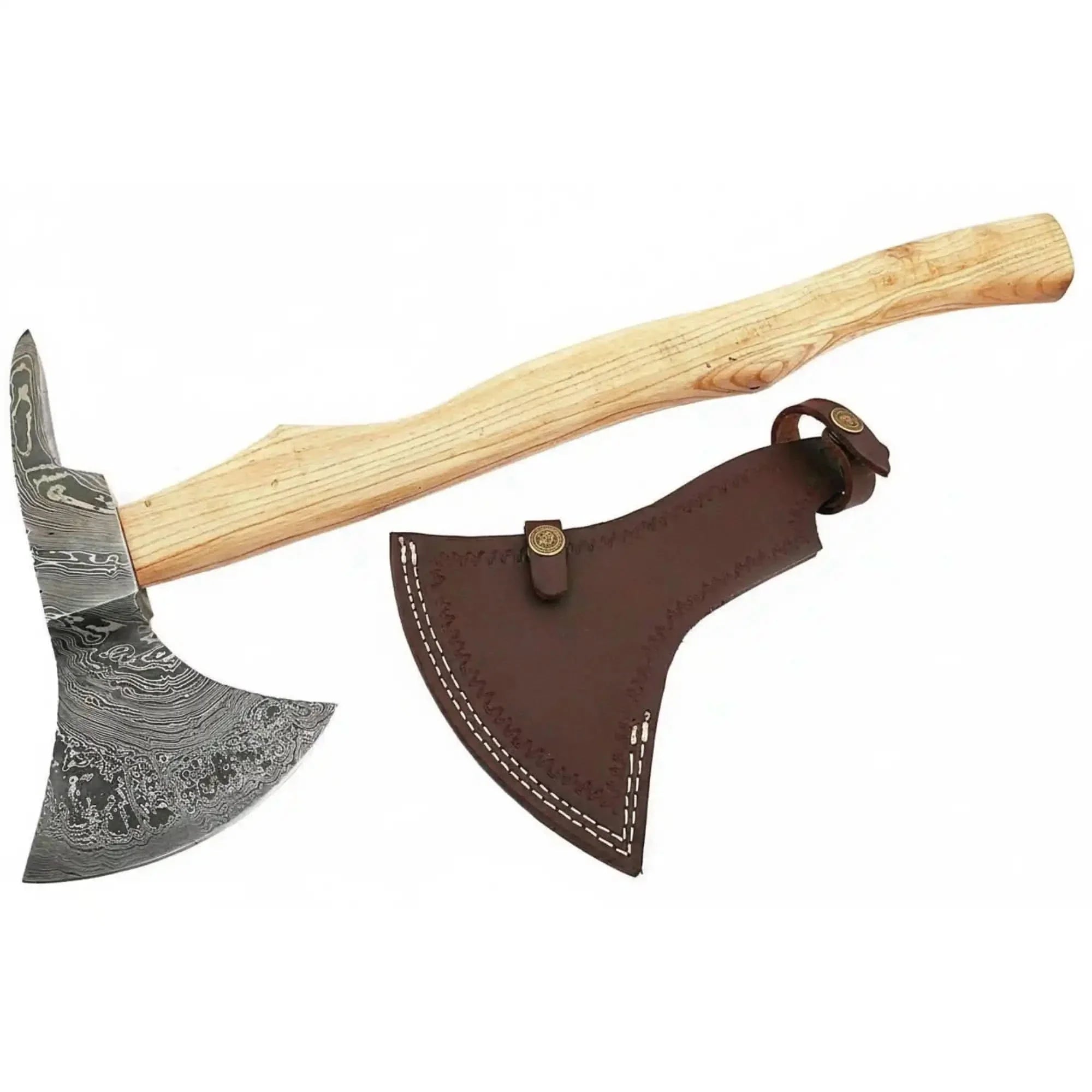 Handmade Damascus Steel Bearded Spike Axe – Hand Forged Viking Bearded Axe with Ash Wood Handle and Leather Sheath | JW SteelCrafts by JW SteelCrafts, leather knife sheath detail