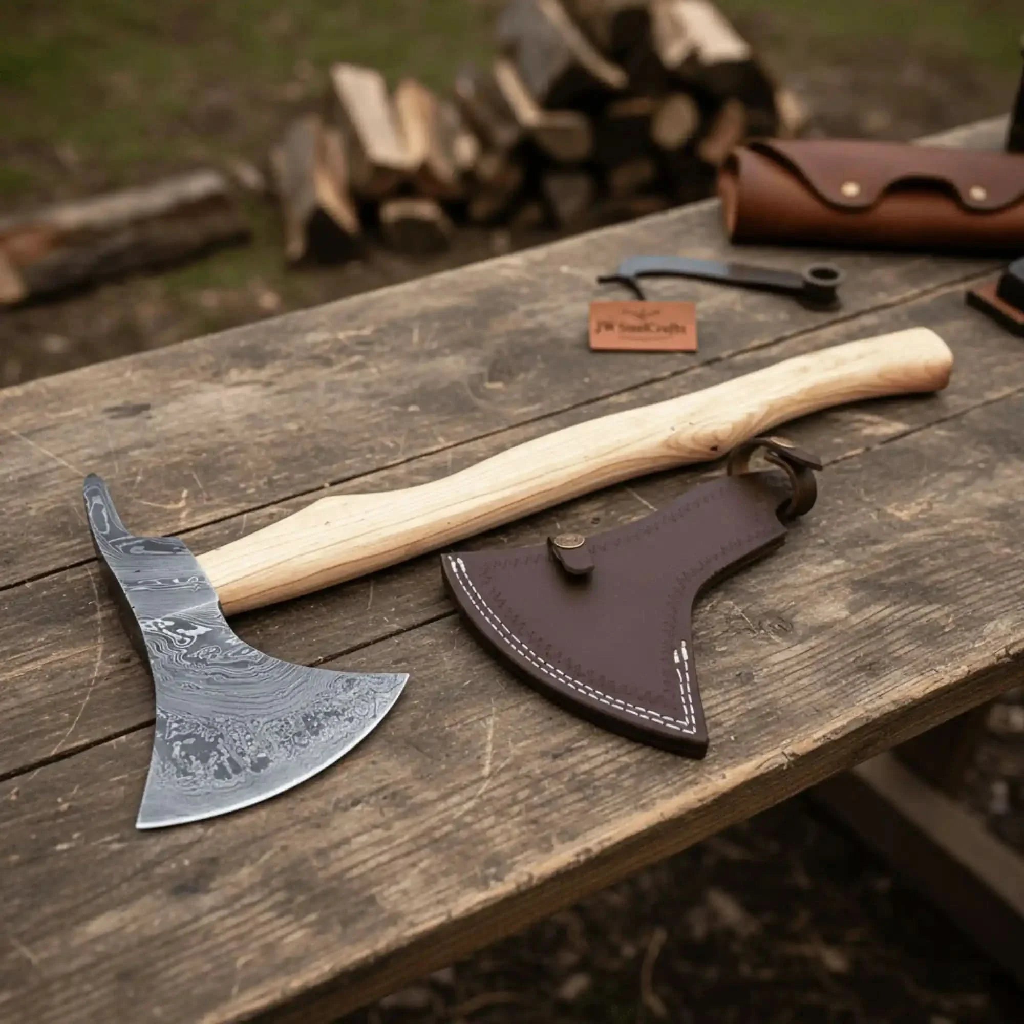 Handmade Damascus Steel Bearded Spike Axe – Hand Forged Viking Bearded Axe with Ash Wood Handle and Leather Sheath | JW SteelCrafts by JW SteelCrafts, leather knife sheath main