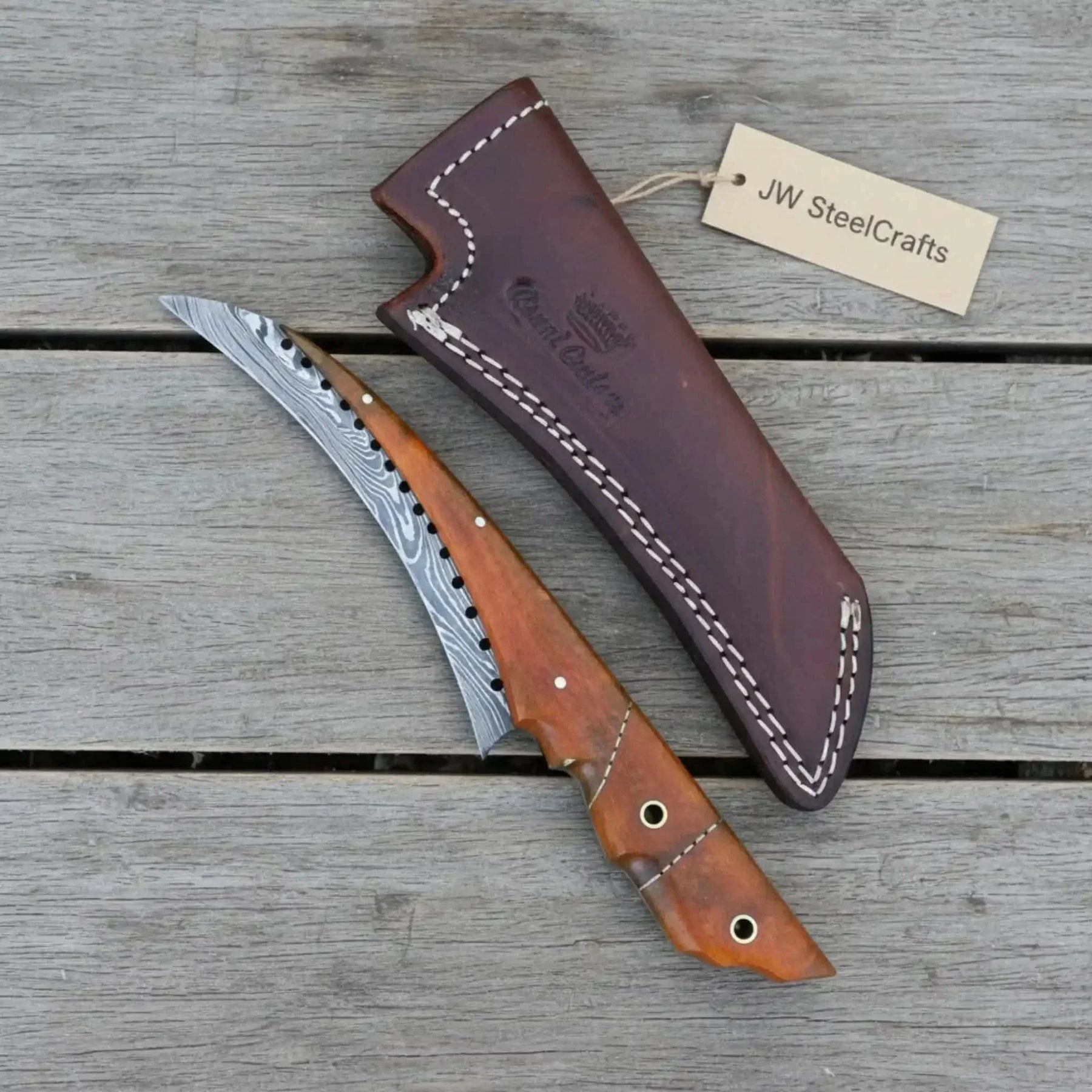 Handmade Damascus Steel Bushcraft Knife with Wooden Handle & Leather Sheath by JW SteelCrafts