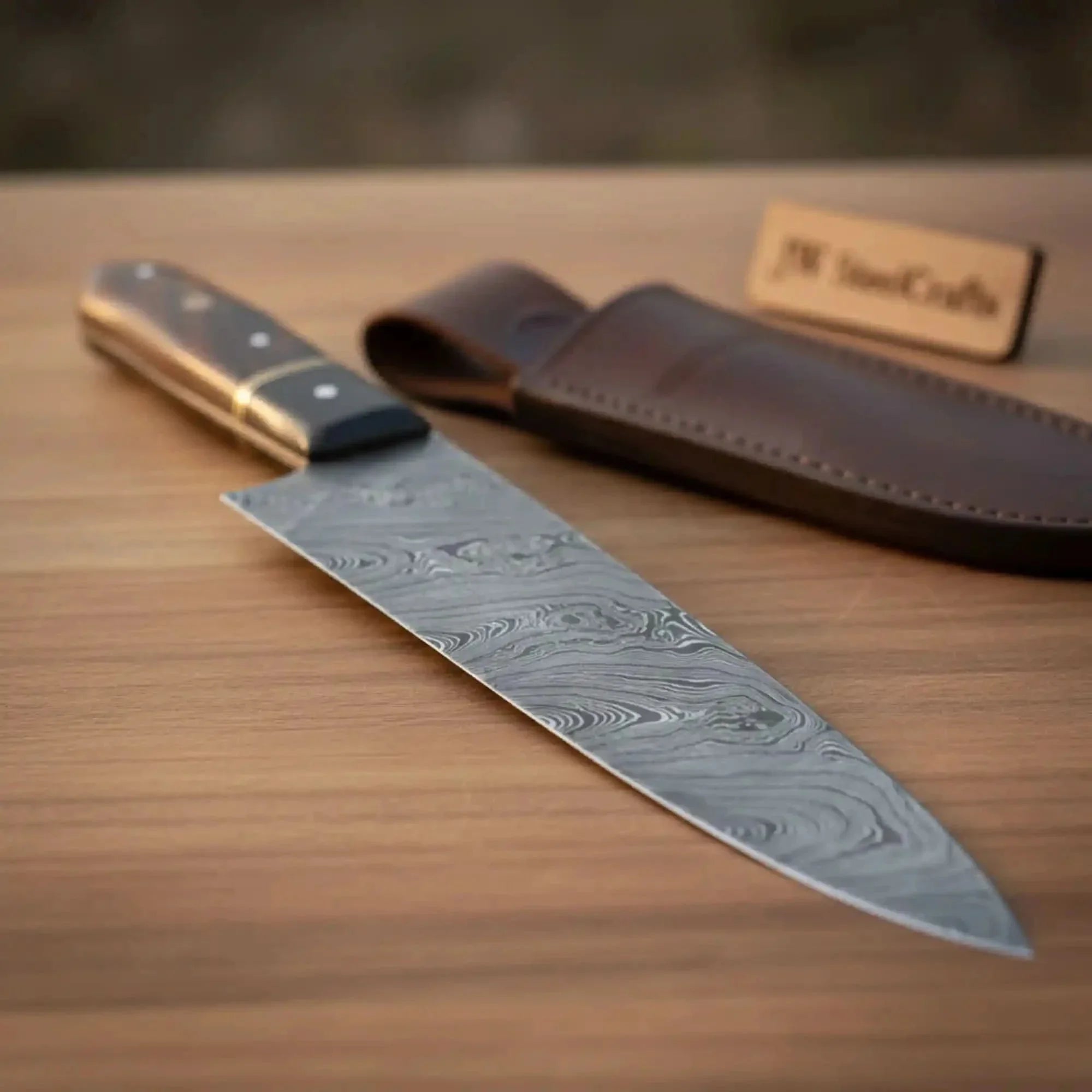 Handmade Damascus Steel Chef Knife - 8-Inch Blade with Leather Sheath & Wooden Handle by JW SteelCrafts