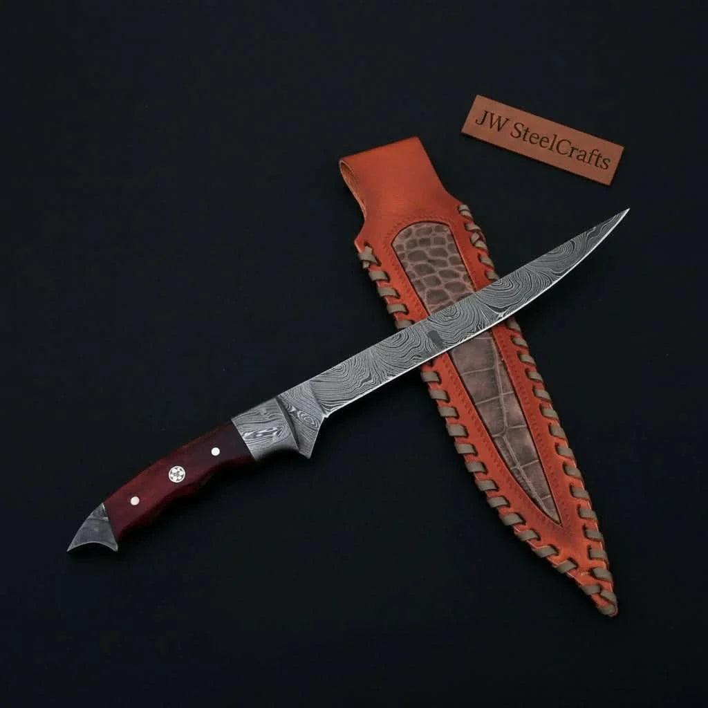 Handmade 13 Inch Overall Damascus Steel Fillet Knife – Full Tang Fishing Knife with Hardwood Handle and Leather Sheath. by JW SteelCrafts, leather knife sheath main product photo