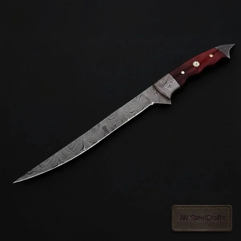 Handmade 13 Inch Overall Damascus Steel Fillet Knife – Full Tang Fishing Knife with Hardwood Handle and Leather Sheath. by JW SteelCrafts, leather knife sheath detail photo 2