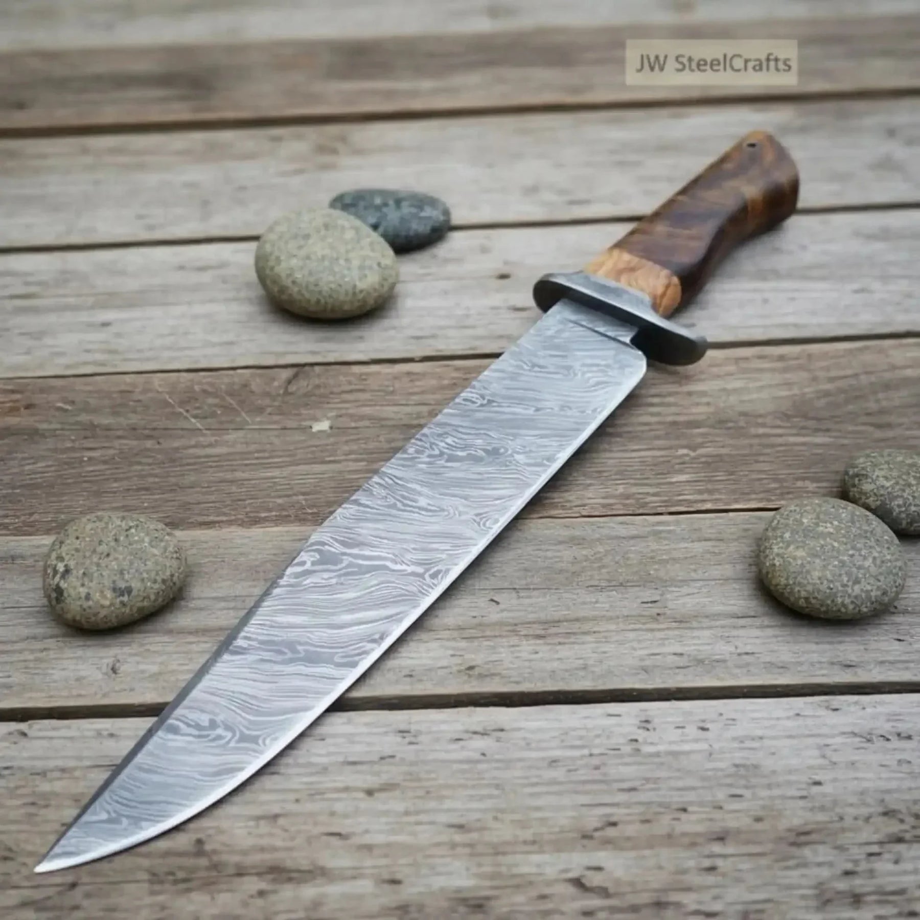 Handmade Damascus Steel Fighter Knife - Combat Blade with Wooden Handle & Leather Sheath detail view by JW SteelCrafts