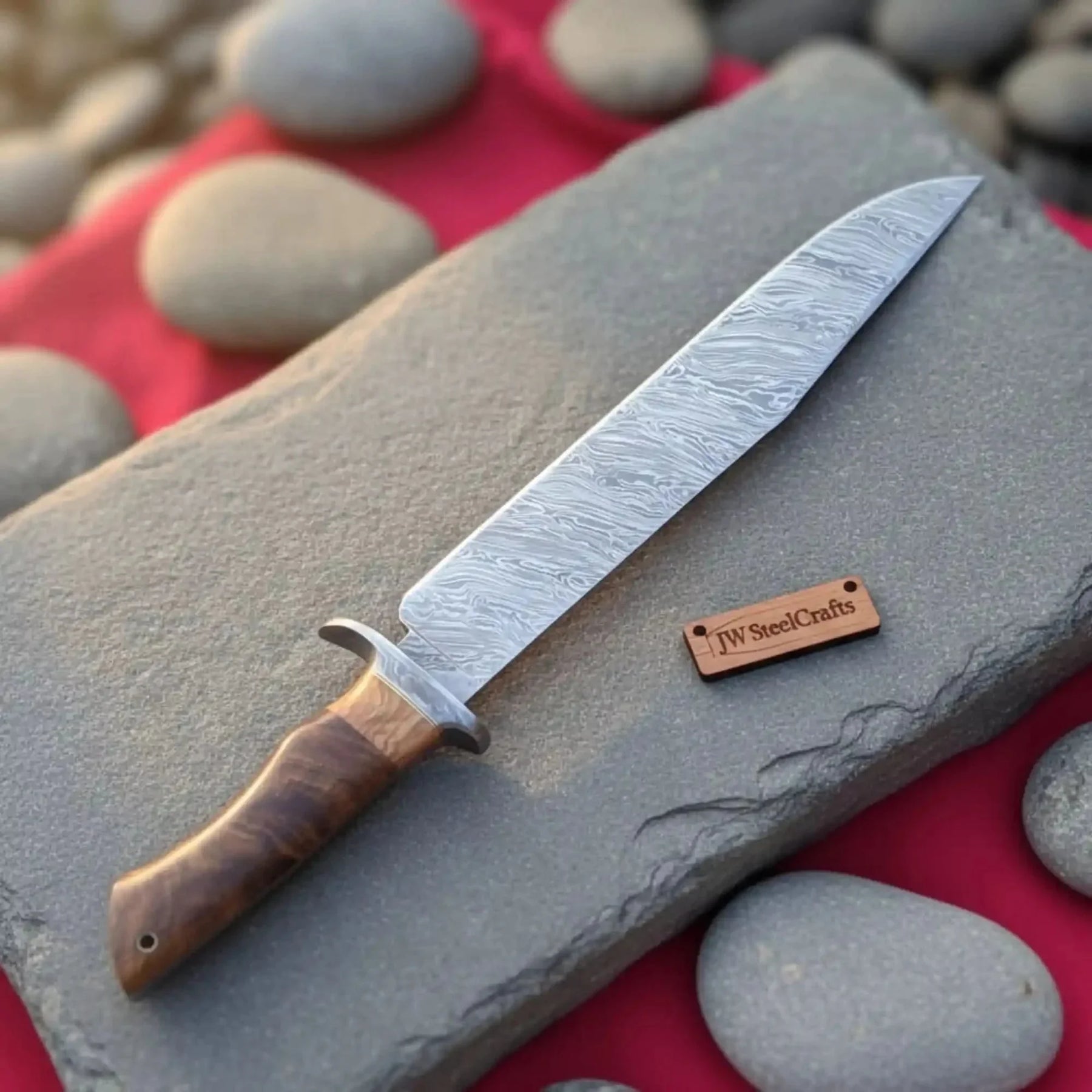 Handmade Damascus Steel Fighter Knife - Combat Blade with Wooden Handle & Leather Sheath by JW SteelCrafts