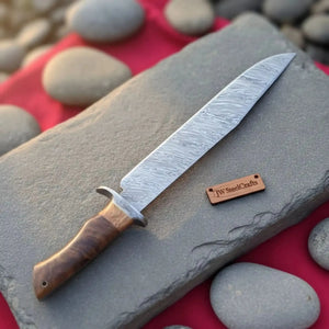 Handmade Damascus Steel Fighter Knife - Combat Blade with Wooden Handle & Leather Sheath by JW SteelCrafts