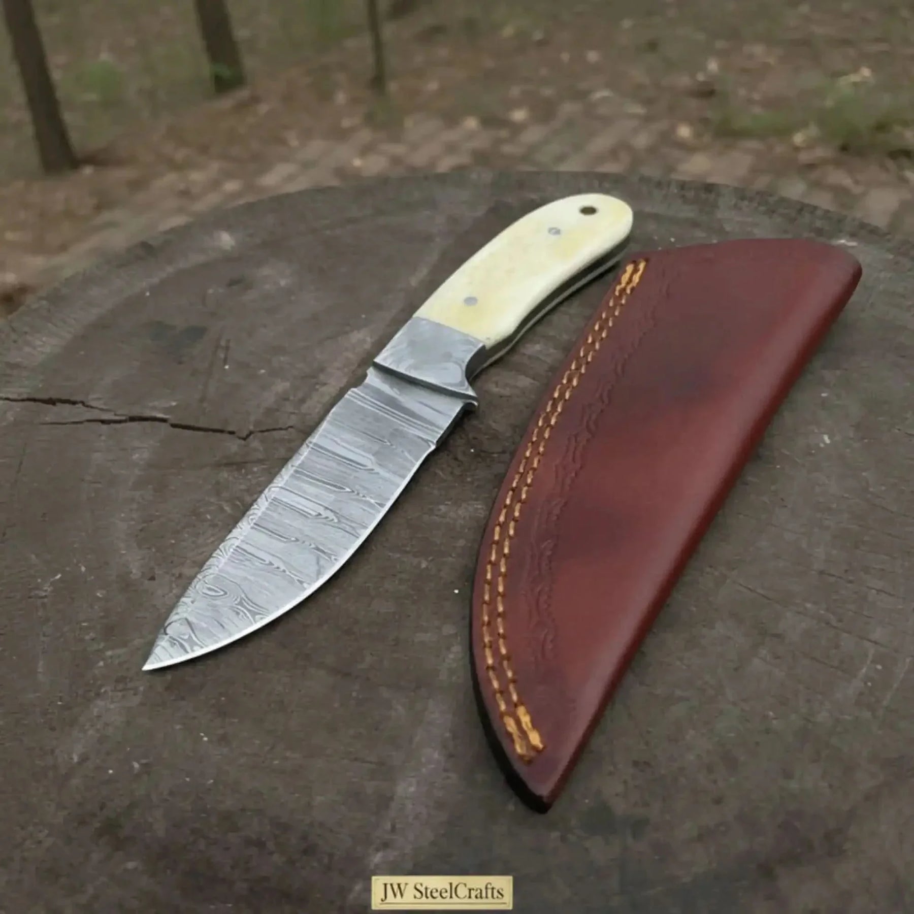 Handmade Damascus Skinner Knife 4” Blade Fixed Blade Bone Handle Leather Sheath