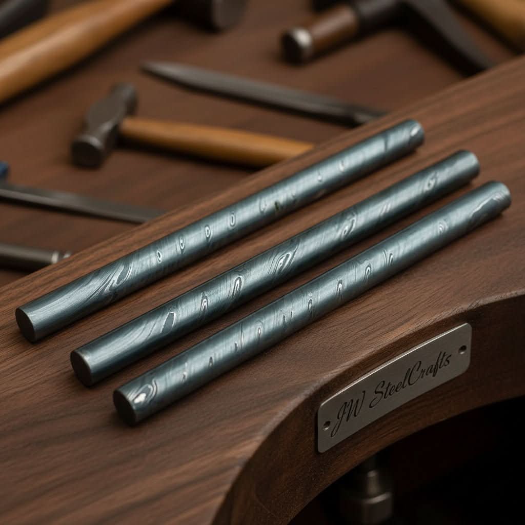 Set of 3 Damascus Steel Twist Pattern Rods 25 mm 10 Inch Billets for Rings Guards and Jewelry Making by JW SteelCrafts, handmade jewelry main product photo
