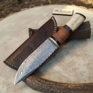 Handmade Damascus Steel Hunting Knife with Leather Sheath & Bone Handle detail view by JW SteelCrafts