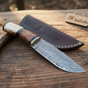 Handmade Damascus Steel Hunting Knife with Leather Sheath & Bone Handle by JW SteelCrafts