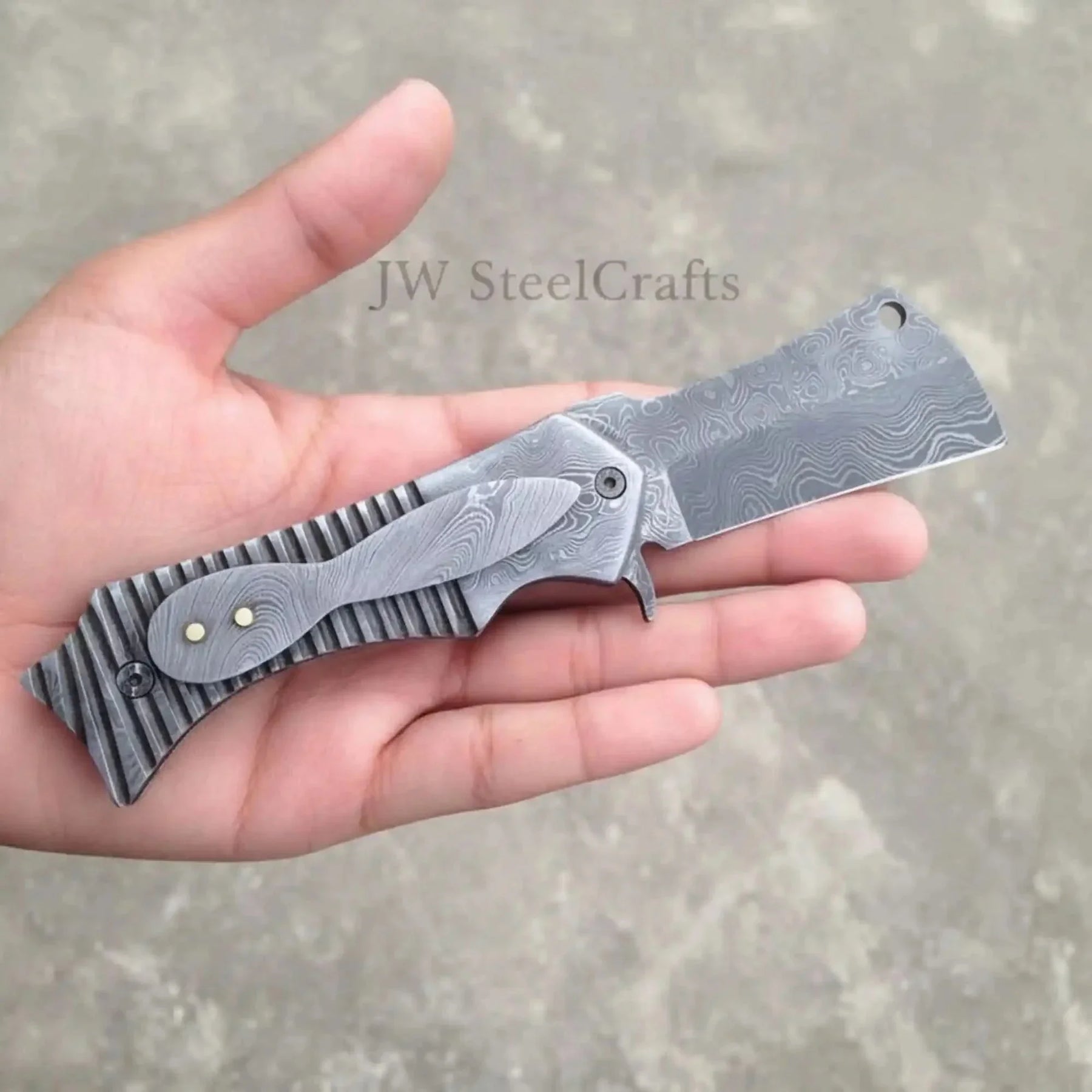 Damascus Flipper Pocket Cleaver with Fluted Metal Handle by JW SteelCrafts
