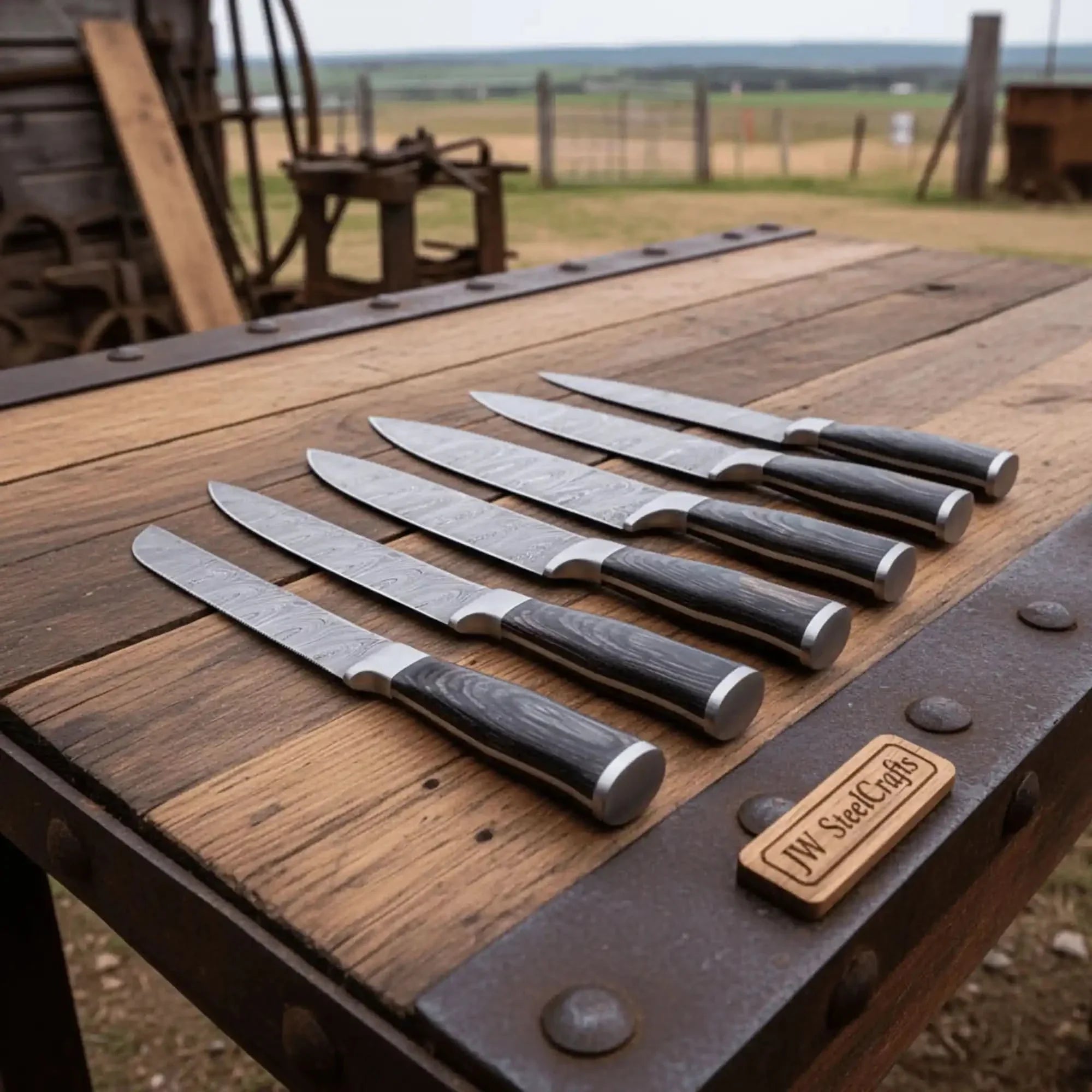 6-Piece Ladder Pattern Damascus Knife Set with Black Wood Handles and Steel Bolsters by JW SteelCrafts