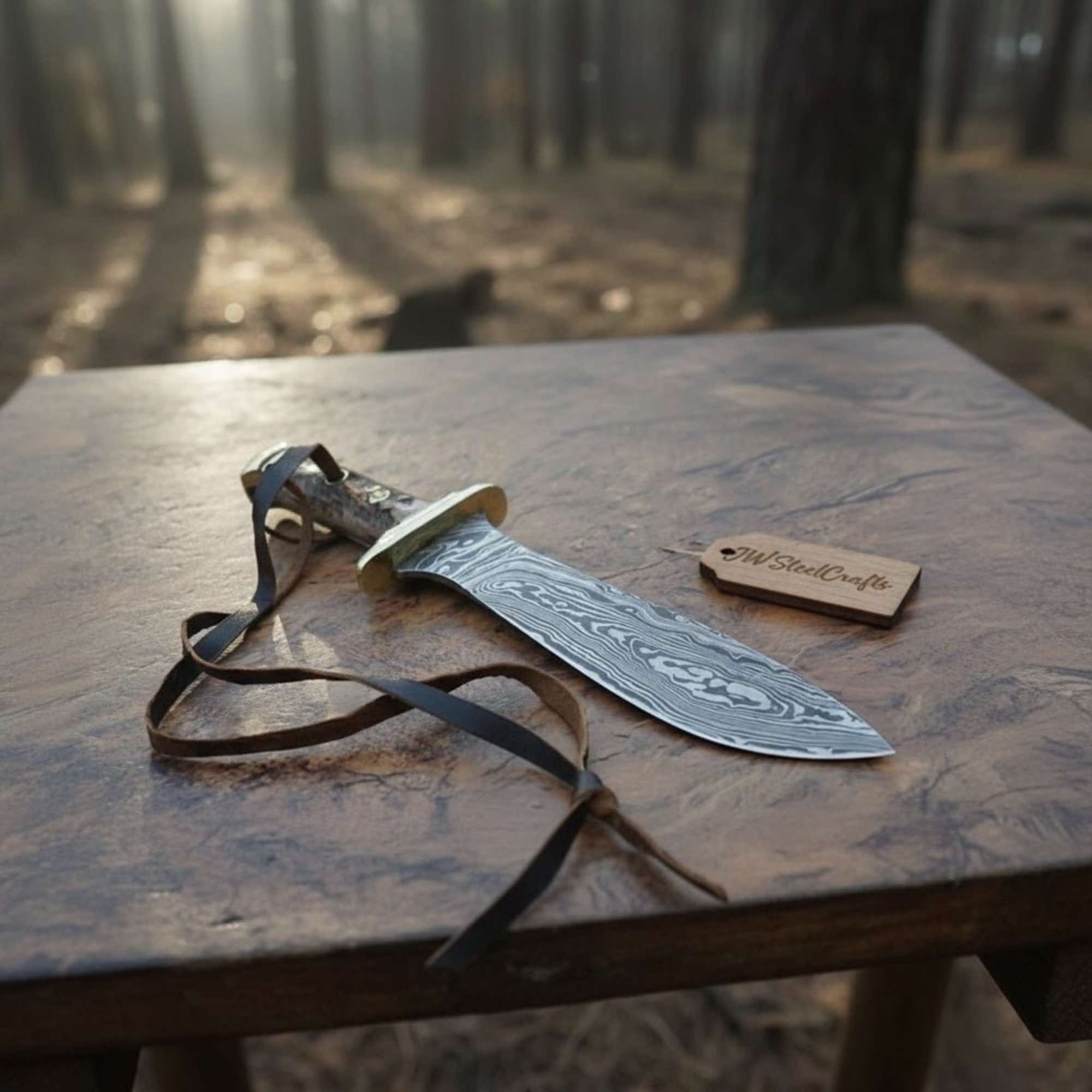 Handmade Persian-Style Upswept Bowie Knife with Stag Handle and Brass Pommel by JW SteelCrafts, Damascus knife main product photo