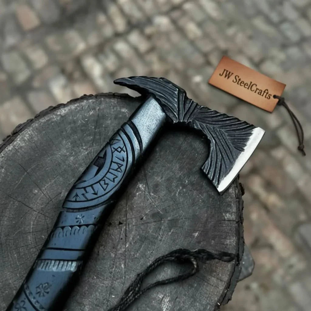 Hand Forged Viking Battle Axe with Carved Black Hardwood Handle by JW SteelCrafts, handmade axe detail photo 2