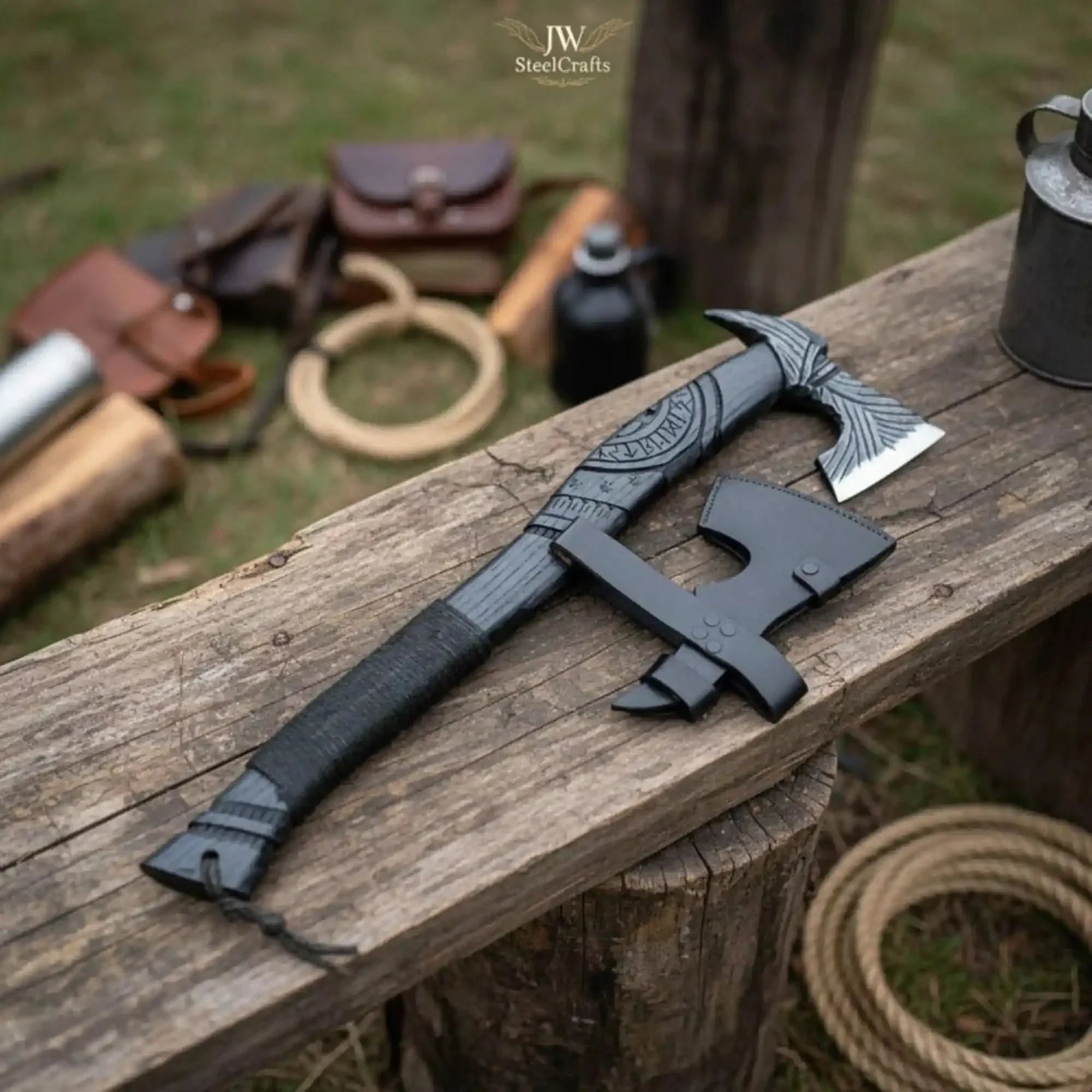Hand Forged Viking Battle Axe with Carved Black Hardwood Handle by JW SteelCrafts, handmade axe main product photo