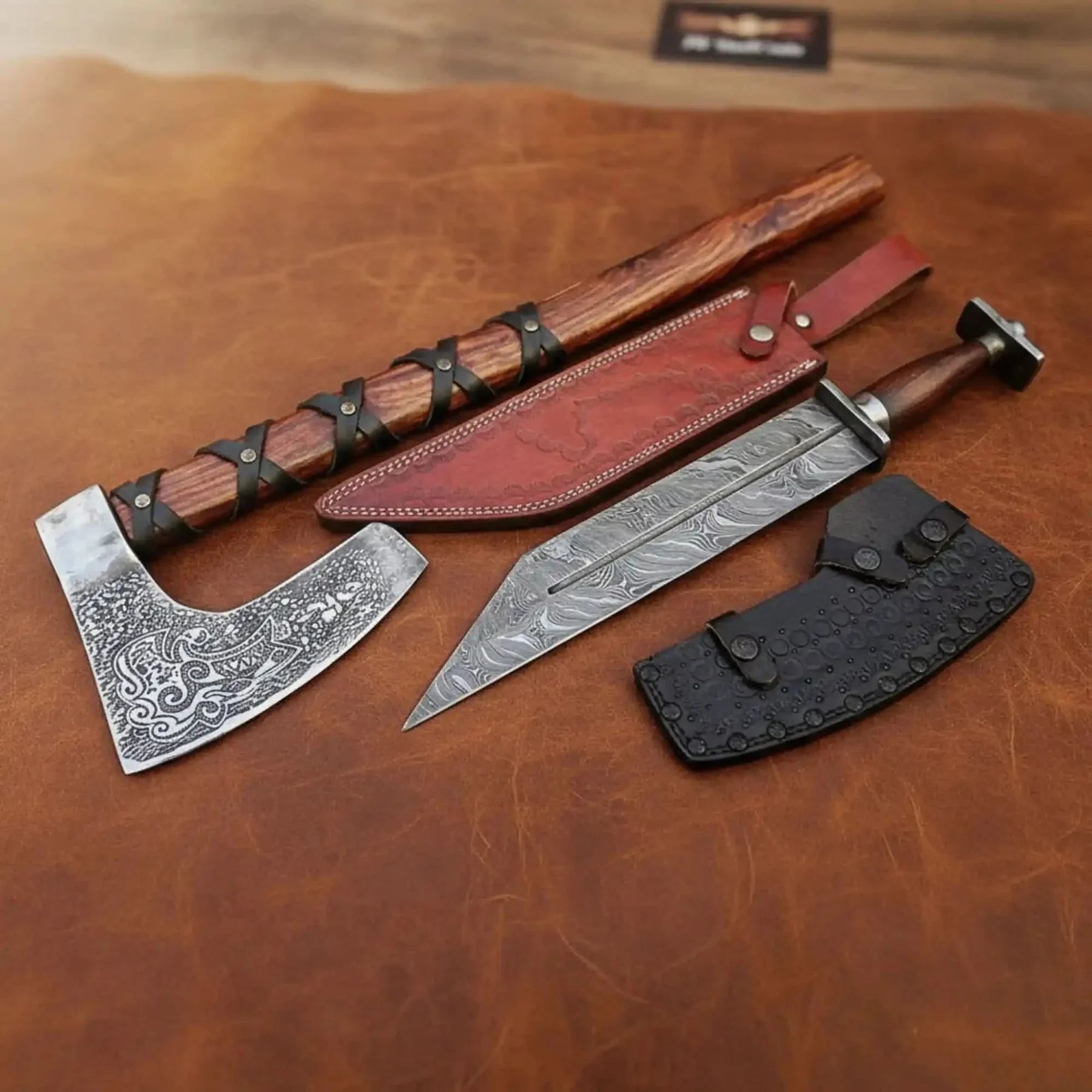 Handmade Viking Bearded Axe Knife Set-Forged Steel Blade, Wood Handle, Leather Sheath