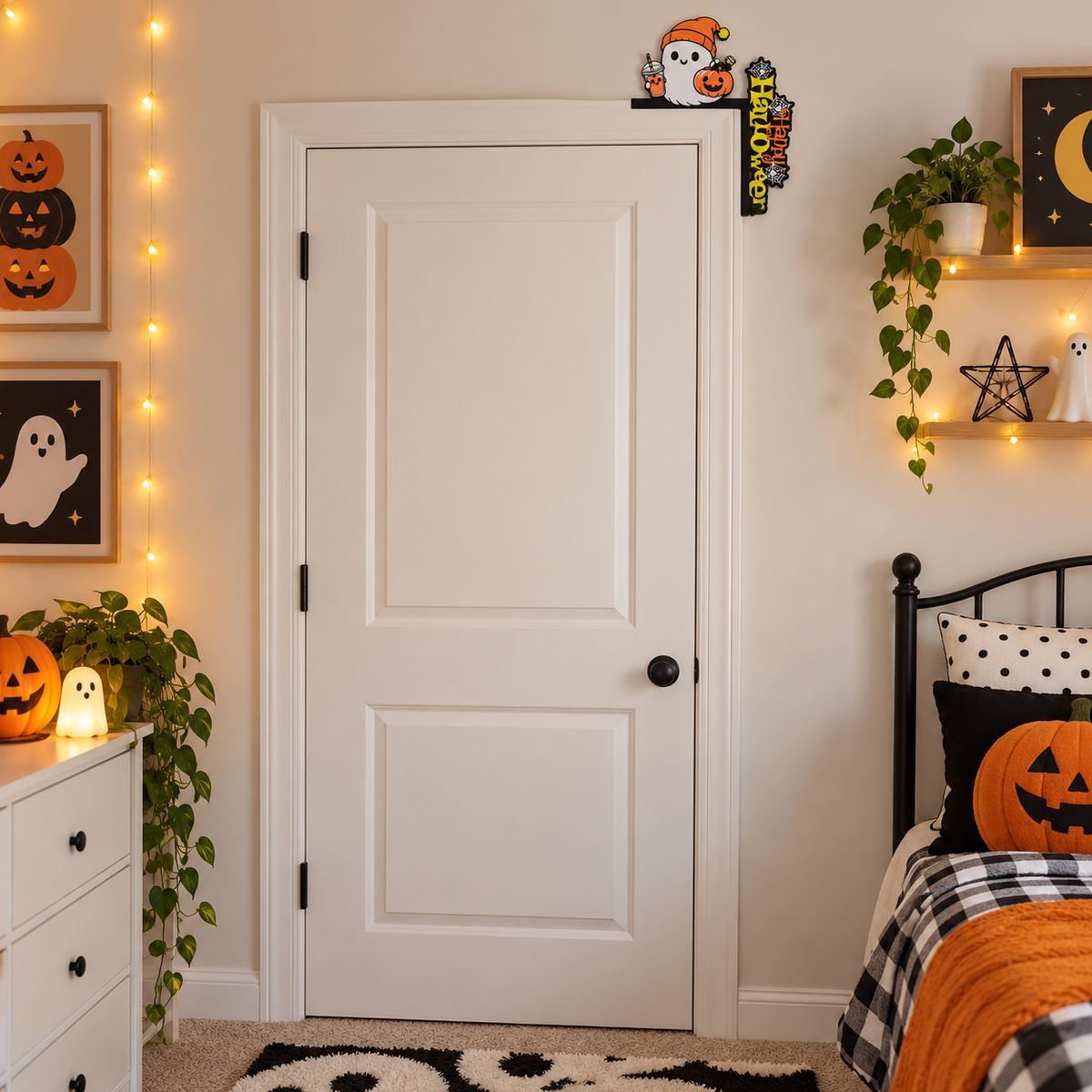 Happy Halloween ghost door corner topper shown on a full door