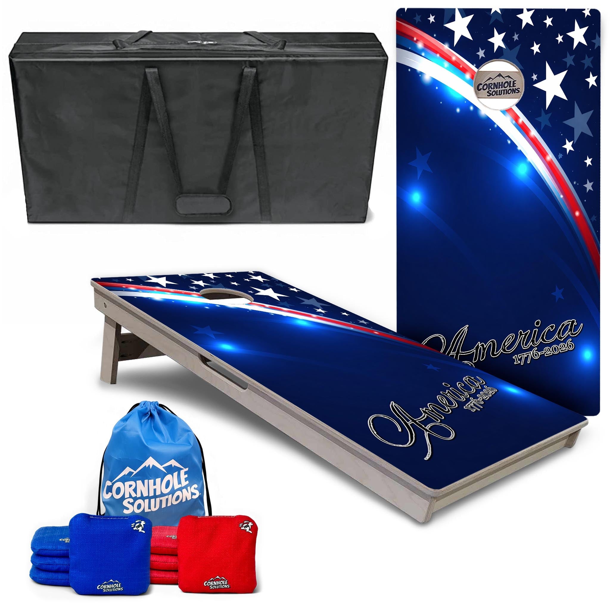 America 250 complete tournament cornhole bundle with boards, bags, tote, and carrying case