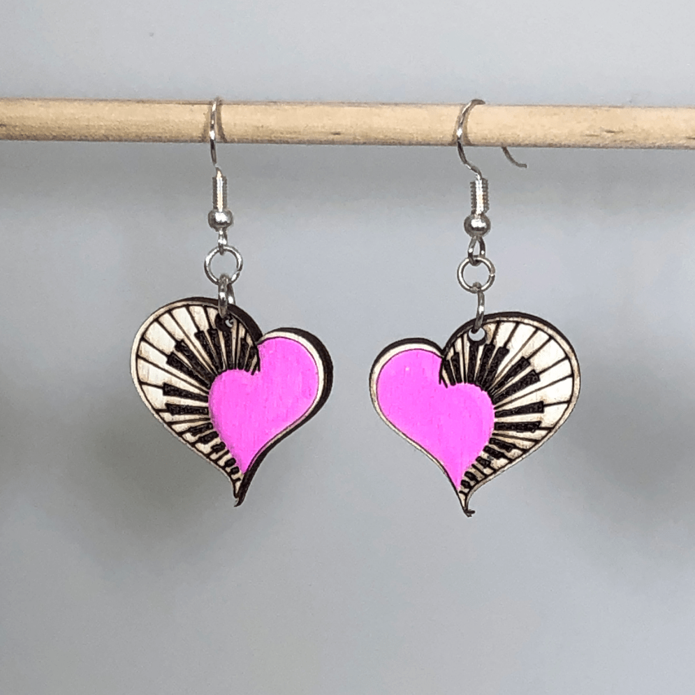 Heart Piano Wooden Dangle Earrings | Music Lover Jewelry