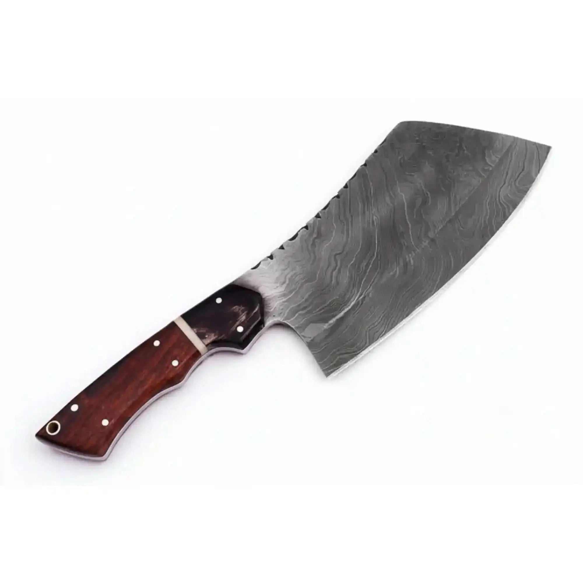 10" Overall Handmade Damascus Cleaver Knife with Rosewood Handle, Steel Bolster & Brass Pins | Twisted Damascus Pattern by JW SteelCrafts, Damascus knife main product photo