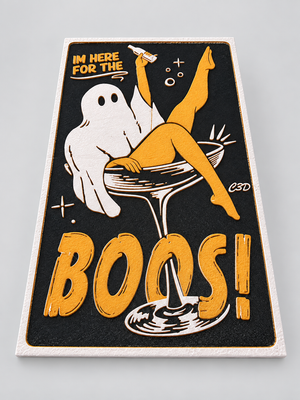 Angled detail showing the raised texture of Here for the Boos Halloween wall art